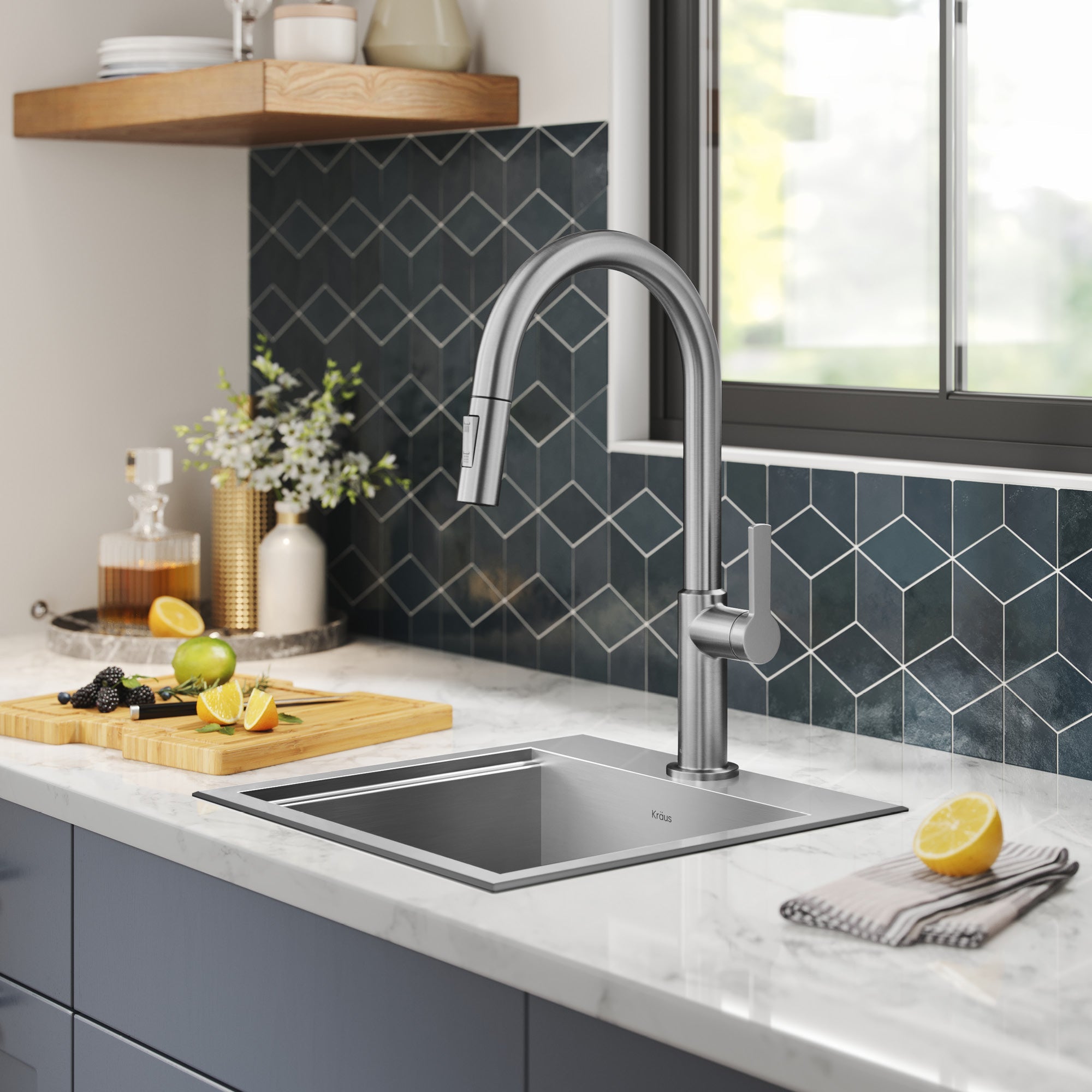 KRAUS Kore 15" Drop-In Workstation 16 Gauge Stainless Steel Square Prep Sink with Accessories-Kitchen Sinks-DirectSinks