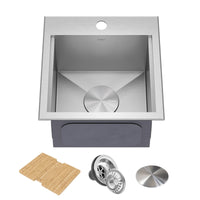 KRAUS Kore 15" Drop-In Workstation 16 Gauge Stainless Steel Square Prep Sink with Accessories