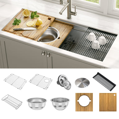 KRAUS Kore 2-Tier Workstation 45-inch Undermount 16 Gauge Single Bowl Stainless Steel Kitchen Sink with Accessories-Kitchen Sinks-KRAUS