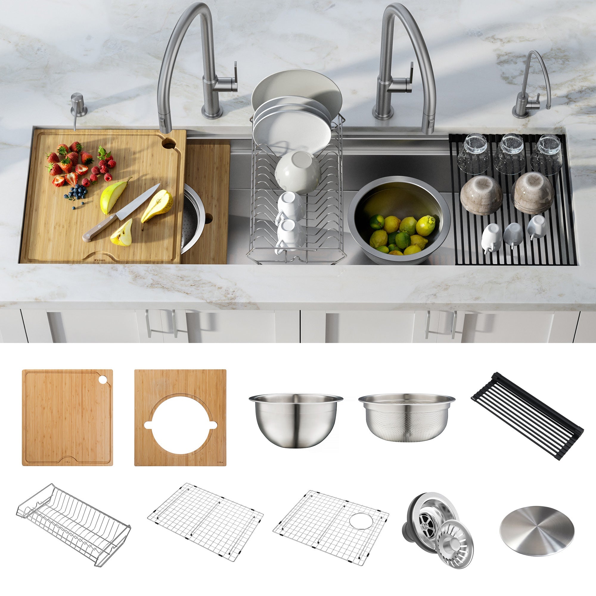 Kraus Kore 2-Tier Workstation Single Bowl Kitchen Sink 57 with 10 Piece Chefs Kit of Accessories Undermount 16 Gauge Stainless Steel