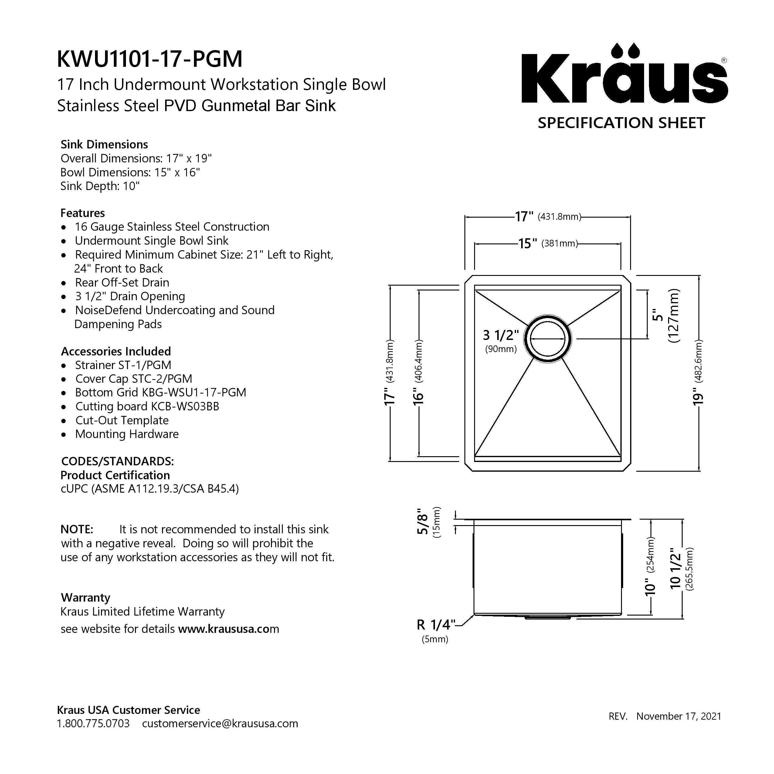 KRAUS Kore Workstation 17" Undermount 16 Gauge Bar or Prep Sink in PVD Gunmetal-Kitchen Sinks-DirectSinks