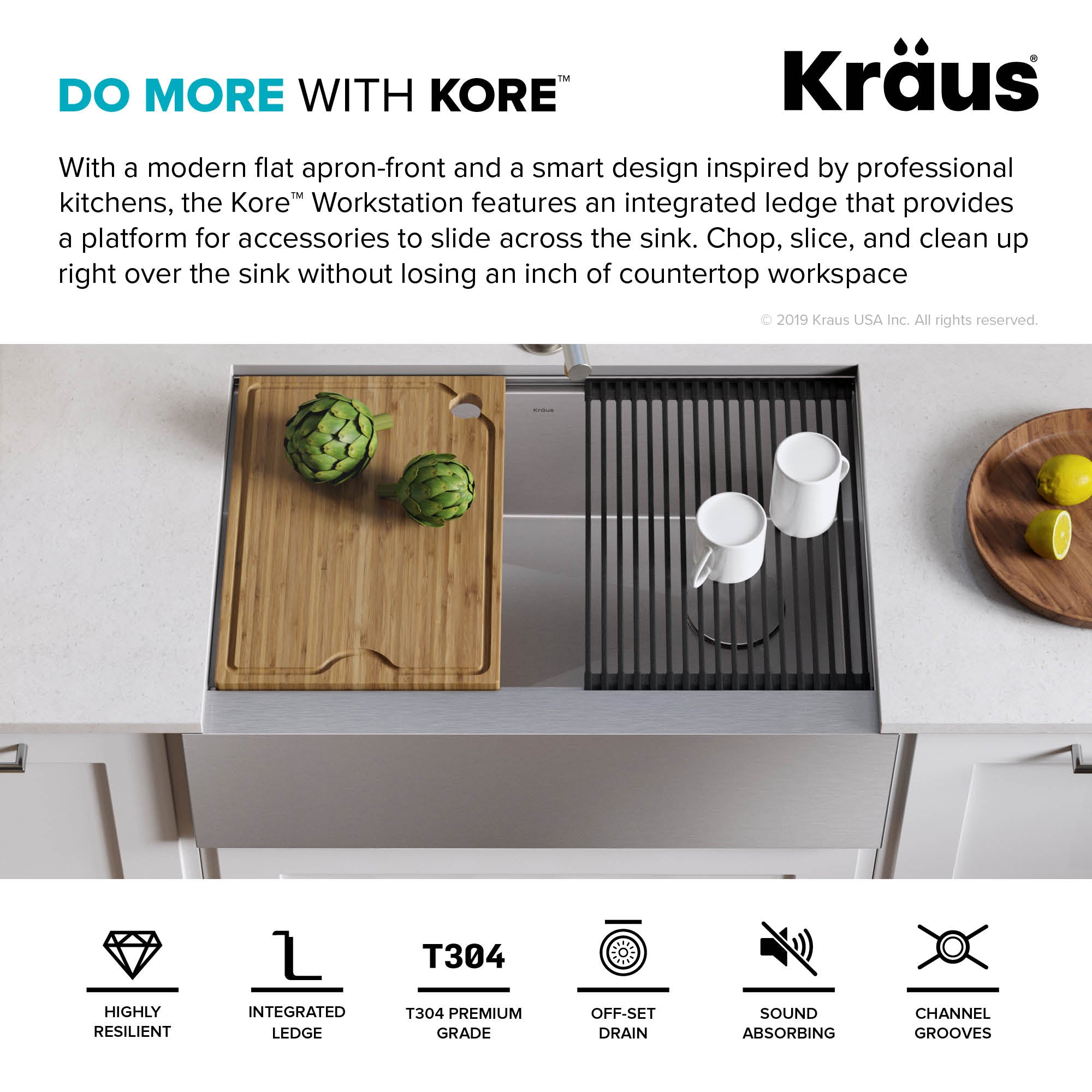 KRAUS Kore Workstation 33" Farmhouse Flat Apron Front 16 Gauge Single Bowl Stainless Steel Kitchen Sink with Accessories-Kitchen Sinks-DirectSinks