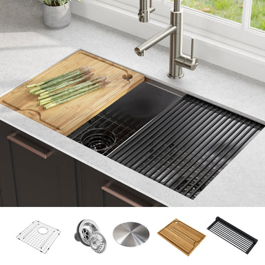 KRAUS Kore Workstation 33-inch Undermount 16 Gauge Double Bowl Stainless Steel Kitchen Sink with Accessories-Kitchen Sinks-KRAUS