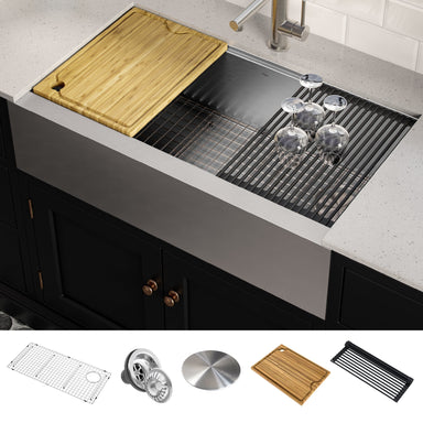 KRAUS Kore Workstation 36" Farmhouse Flat Apron Front 16 Gauge Single Bowl Stainless Steel Kitchen Sink with Accessories-Kitchen Sinks-DirectSinks