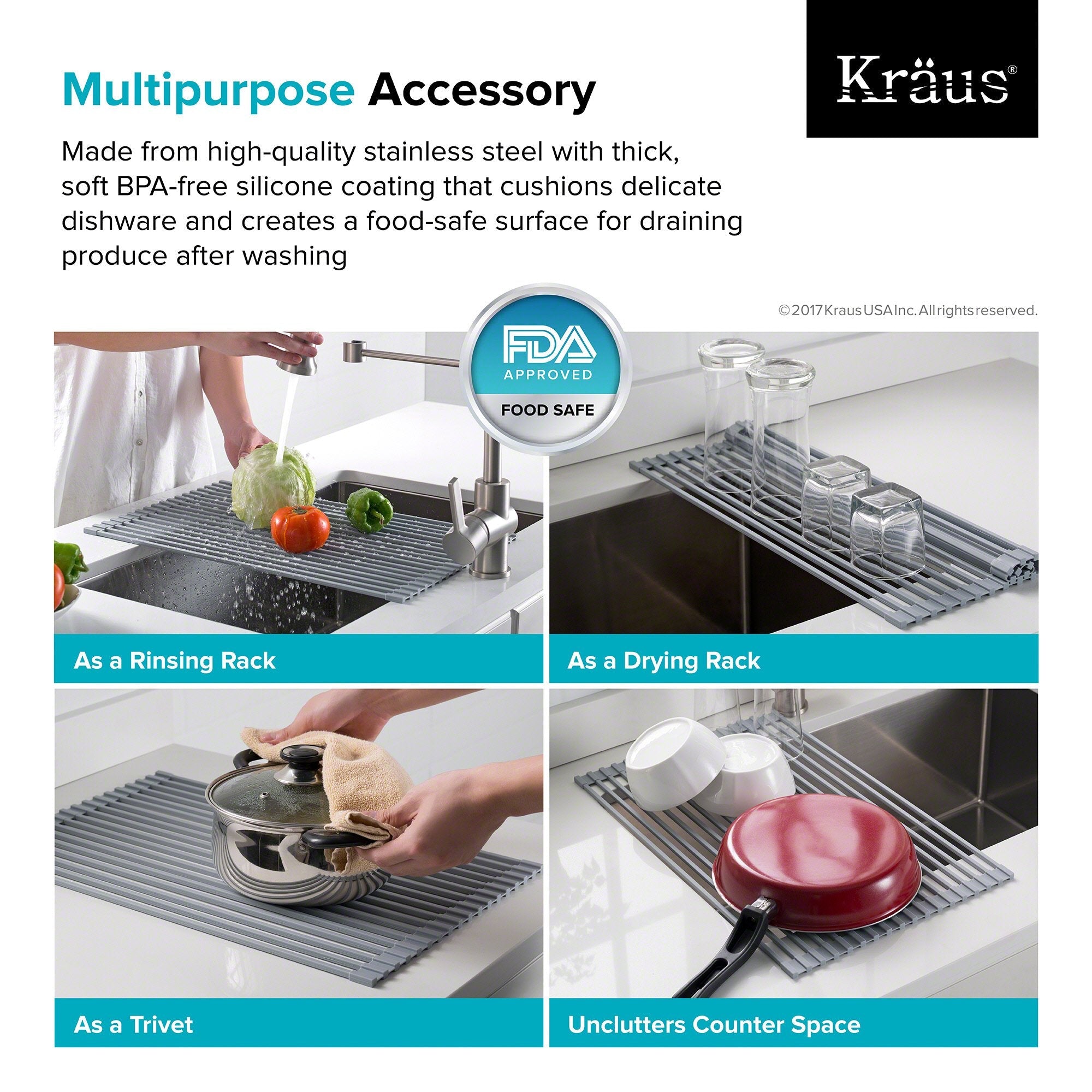 KRAUS Multipurpose Over Sink Roll-Up Dish Drying Rack in Grey