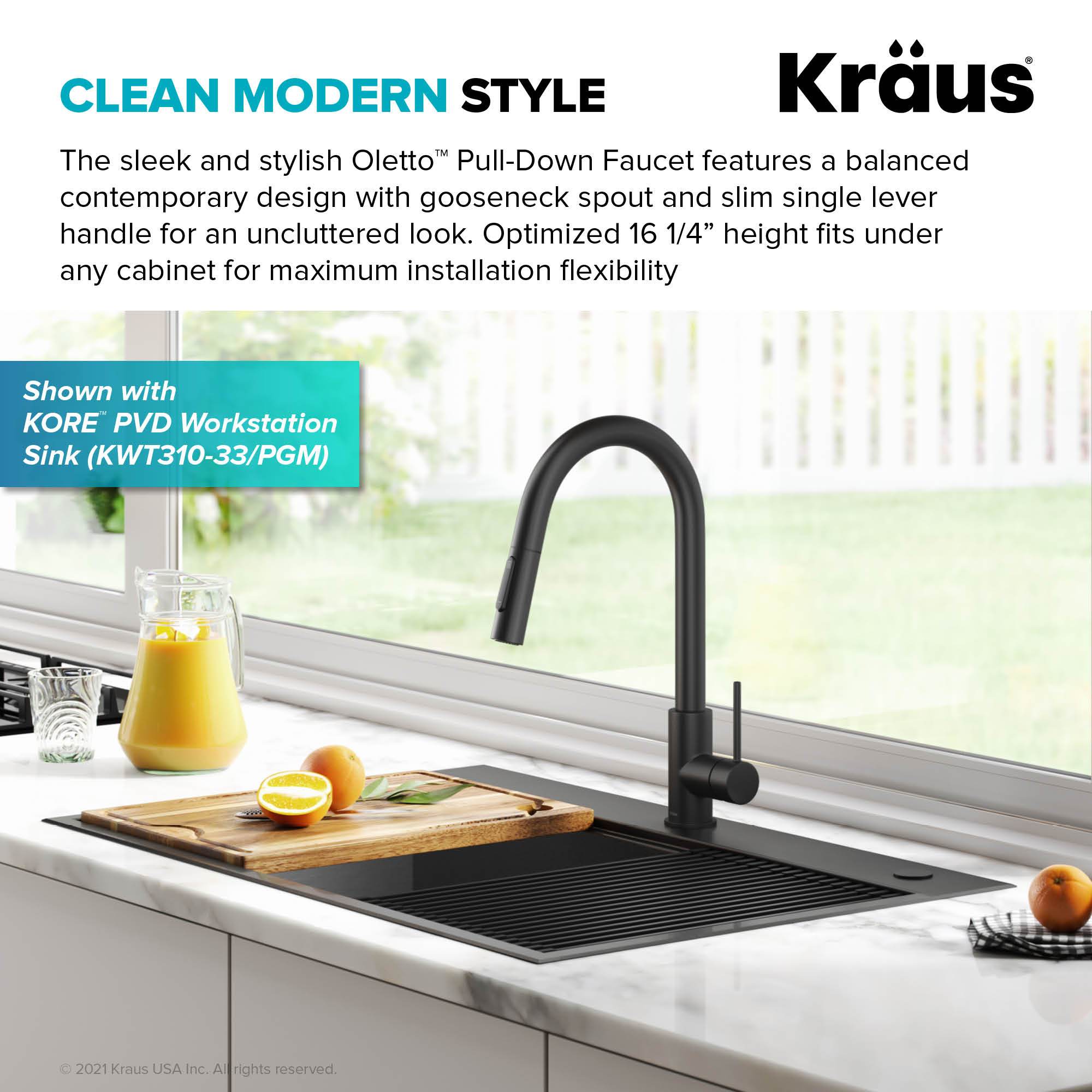 KRAUS New Oletto Contemporary Single Handle Pull Down Kitchen Faucet in Matte Black KPF-3104MB | DirectSinks