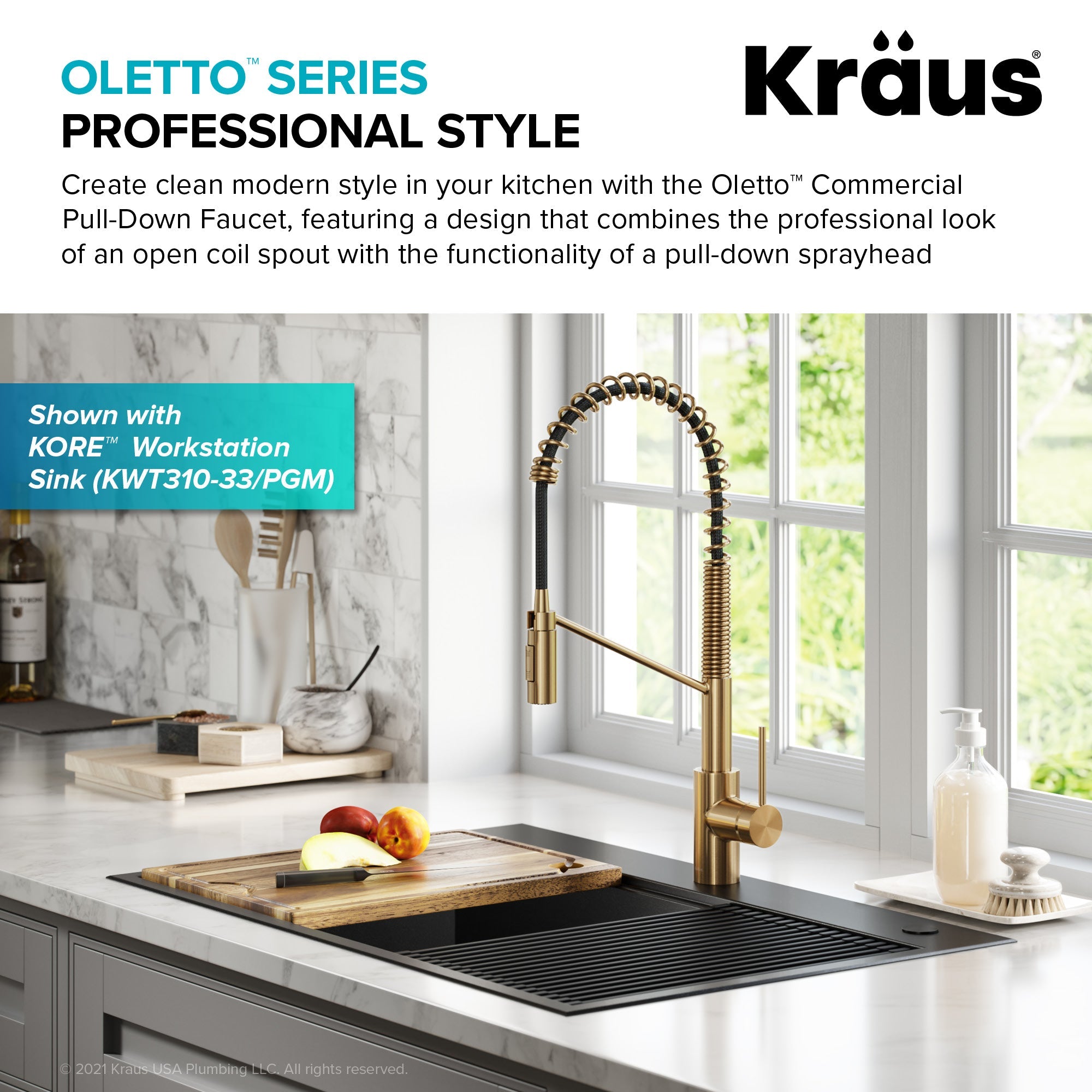 KRAUS Oletto Commercial Style Pull-Down Single Handle Kitchen Faucet in Brushed Brass-Kitchen Faucets-DirectSinks
