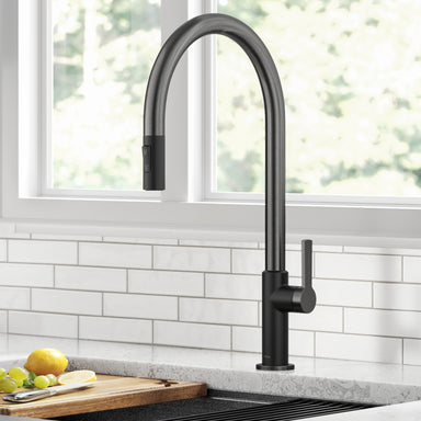 KRAUS Oletto High-Arc Matte Black & Black Stainless Steel Pull-Down Kitchen Faucet-Kitchen Faucets-DirectSinks