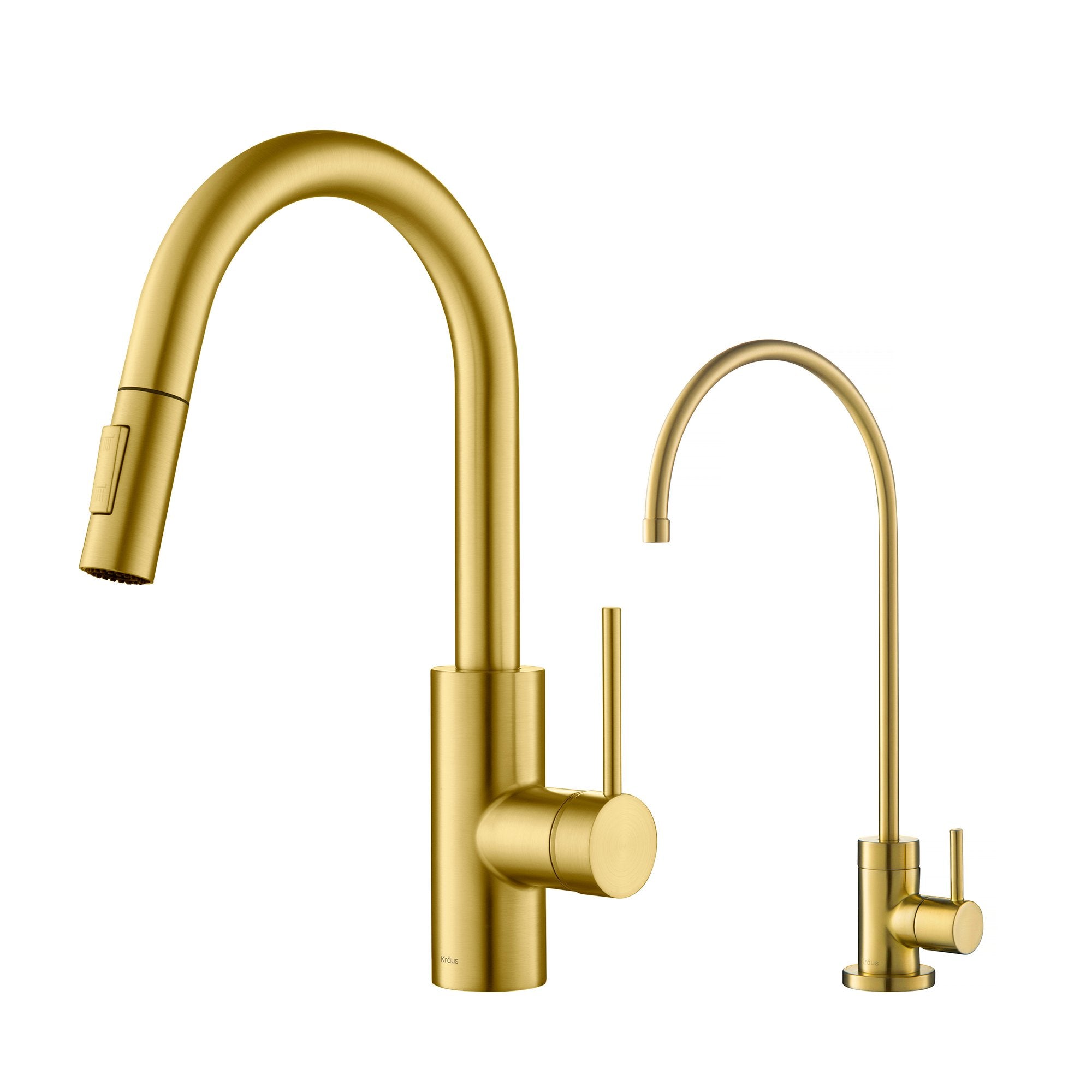 KRAUS Oletto Pull-Down Kitchen Faucet & Purita Water Filter Faucet in Brushed Brass KPF-2620-FF-100BB | DirectSinks