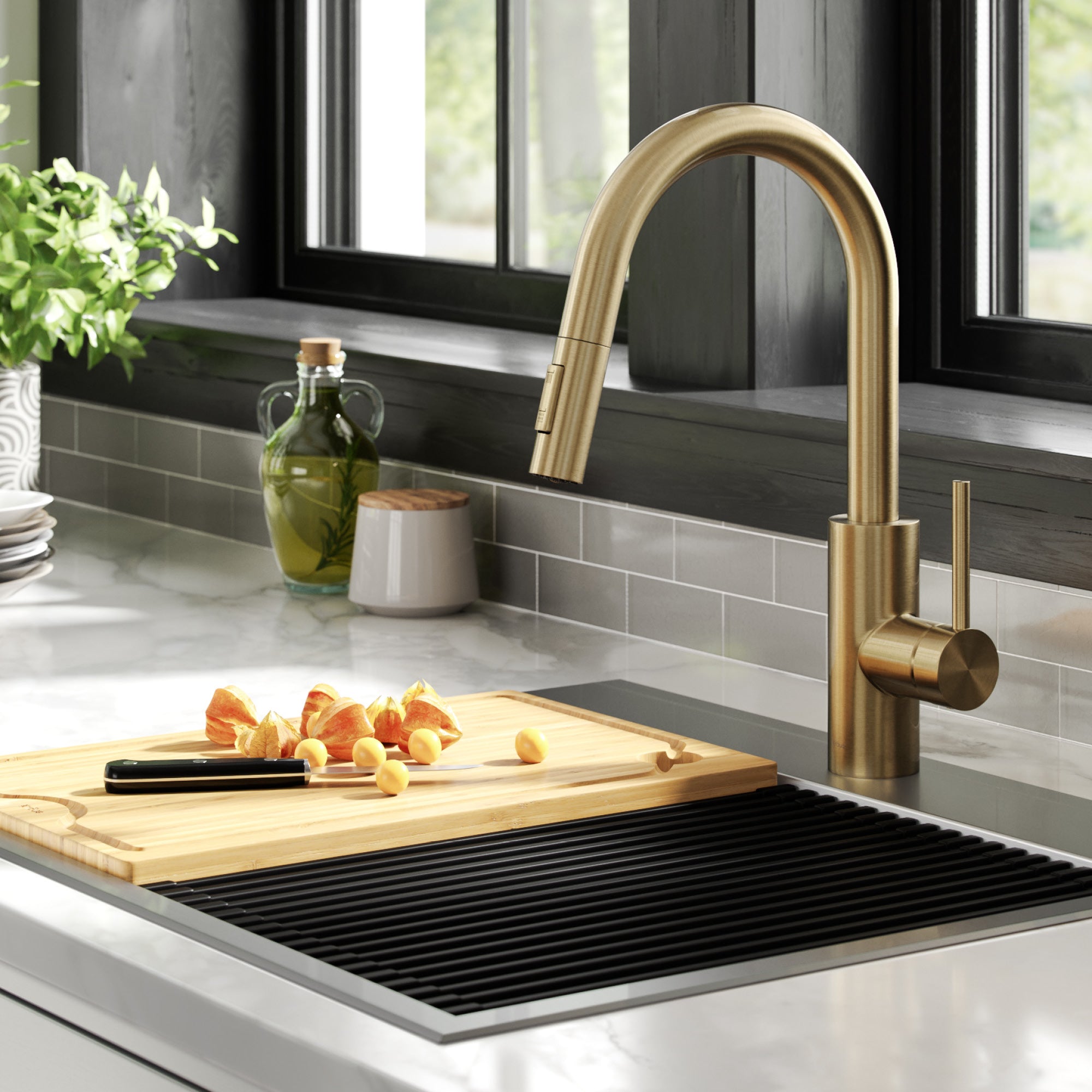 Kraus KPF-2620SFACB Oletto™ 1.75 GPM Single Hole Pull Down Kitchen Sink  Faucet in Spot Free Antique Champagne Bronze