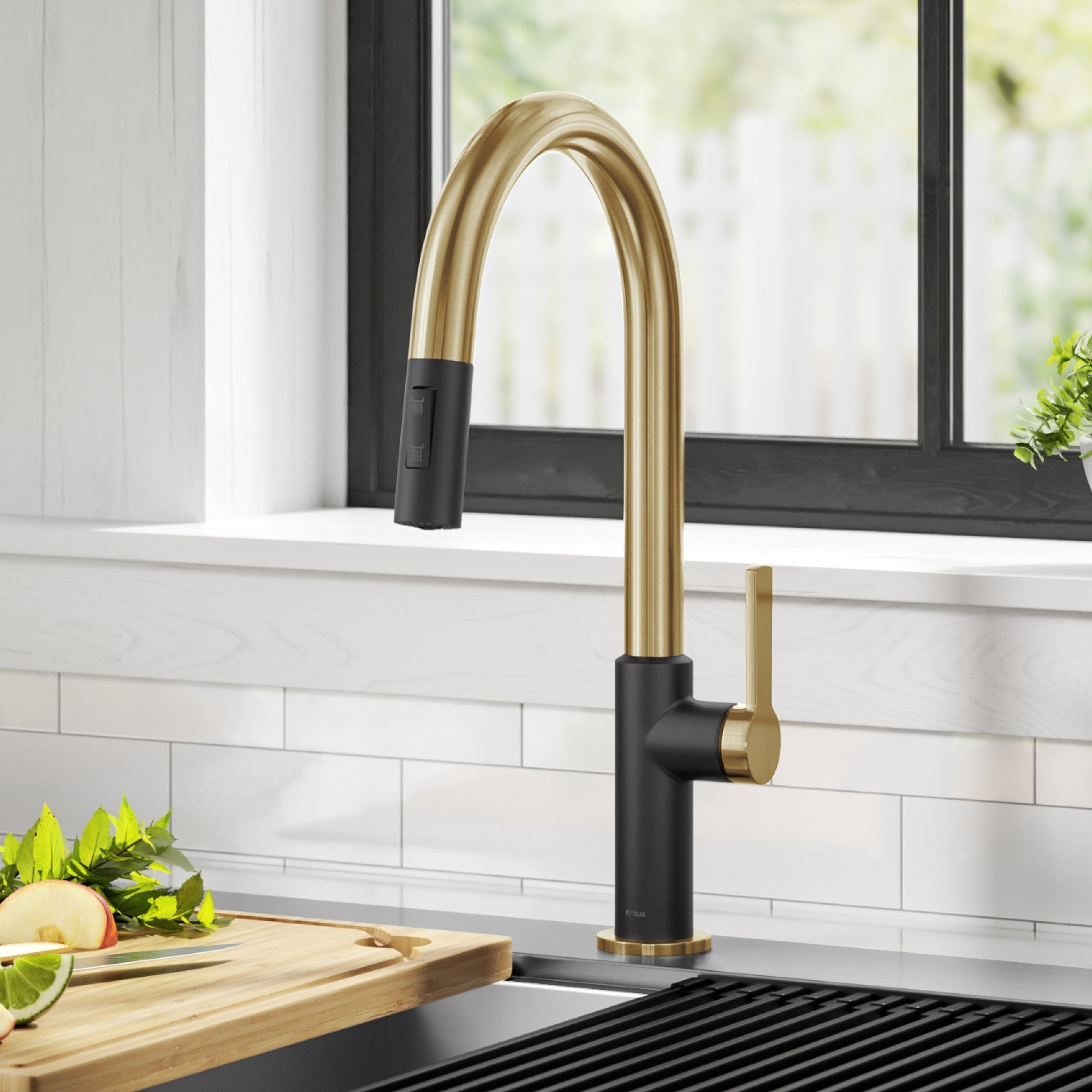 KRAUS Oletto Single Handle Brushed Brass & Matte Black Pull-Down Kitchen  Faucet