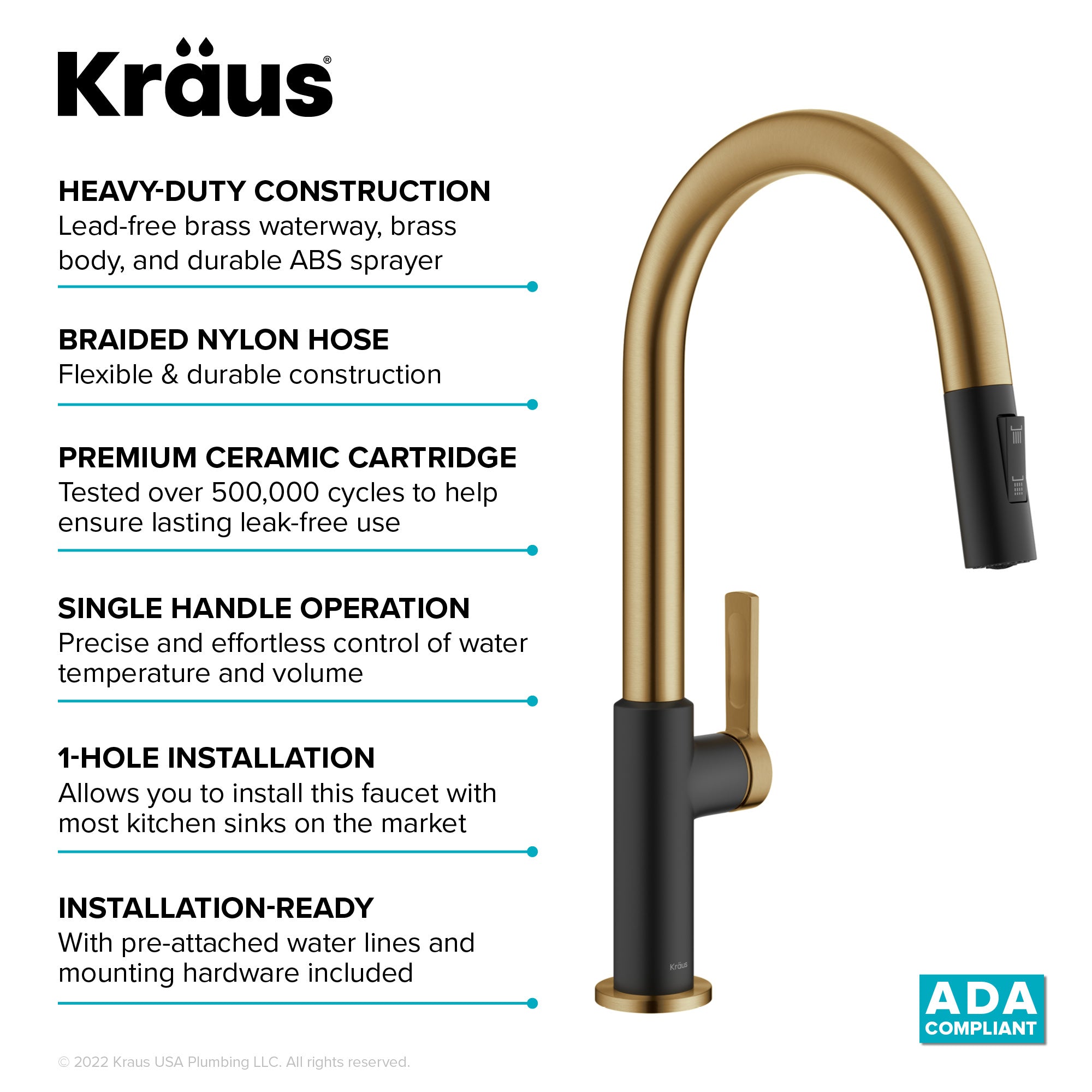 KRAUS Oletto Single Handle Brushed Brass & Matte Black Pull-Down Kitchen Faucet-Kitchen Faucets-DirectSinks