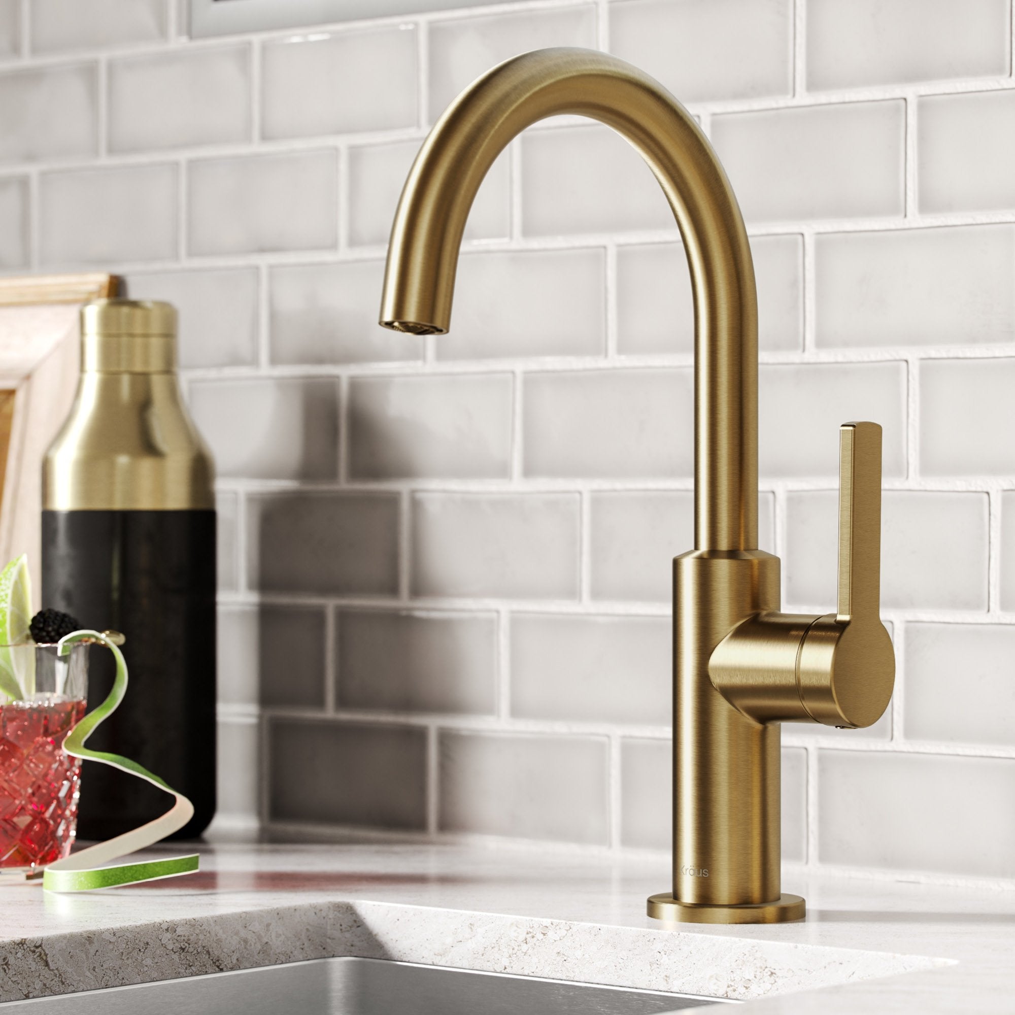 KRAUS Oletto Single Handle Kitchen Bar Faucet in Brushed Brass KPF-2822BB | DirectSinks