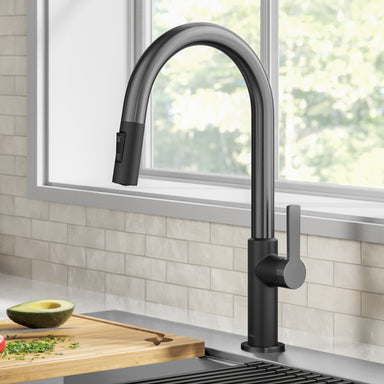 KRAUS Oletto Single Handle Matte Black & Black Stainless Steel Pull-Down Kitchen Faucet-Kitchen Faucets-DirectSinks