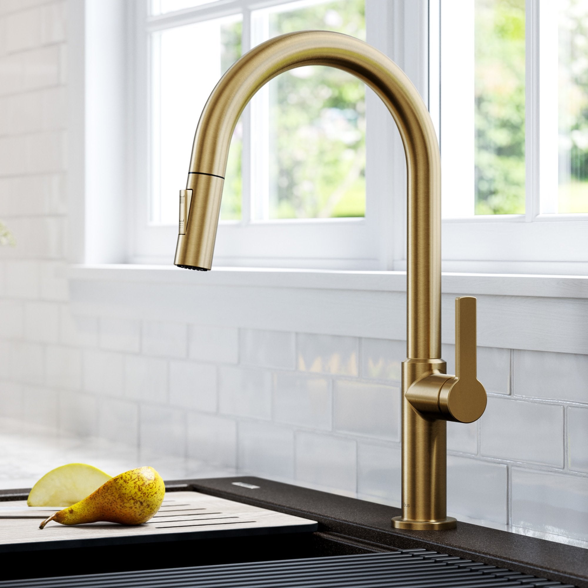 KRAUS Oletto Single Handle Pull-Down Kitchen Faucet in Brushed Brass KPF-2820BB | DirectSinks