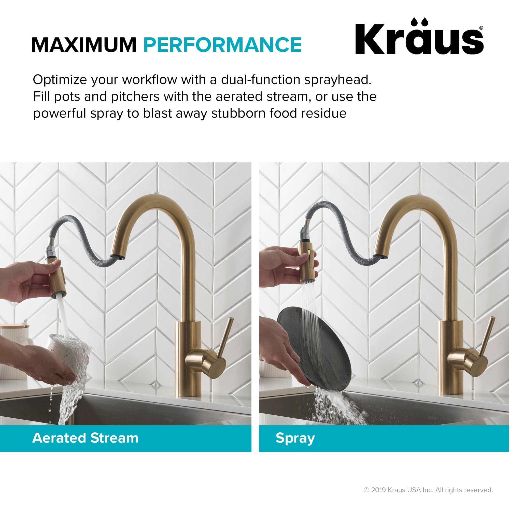 KRAUS Oletto™ Single Handle Pull Down Kitchen Faucet in Brushed Brass-Kitchen Faucets-KRAUS