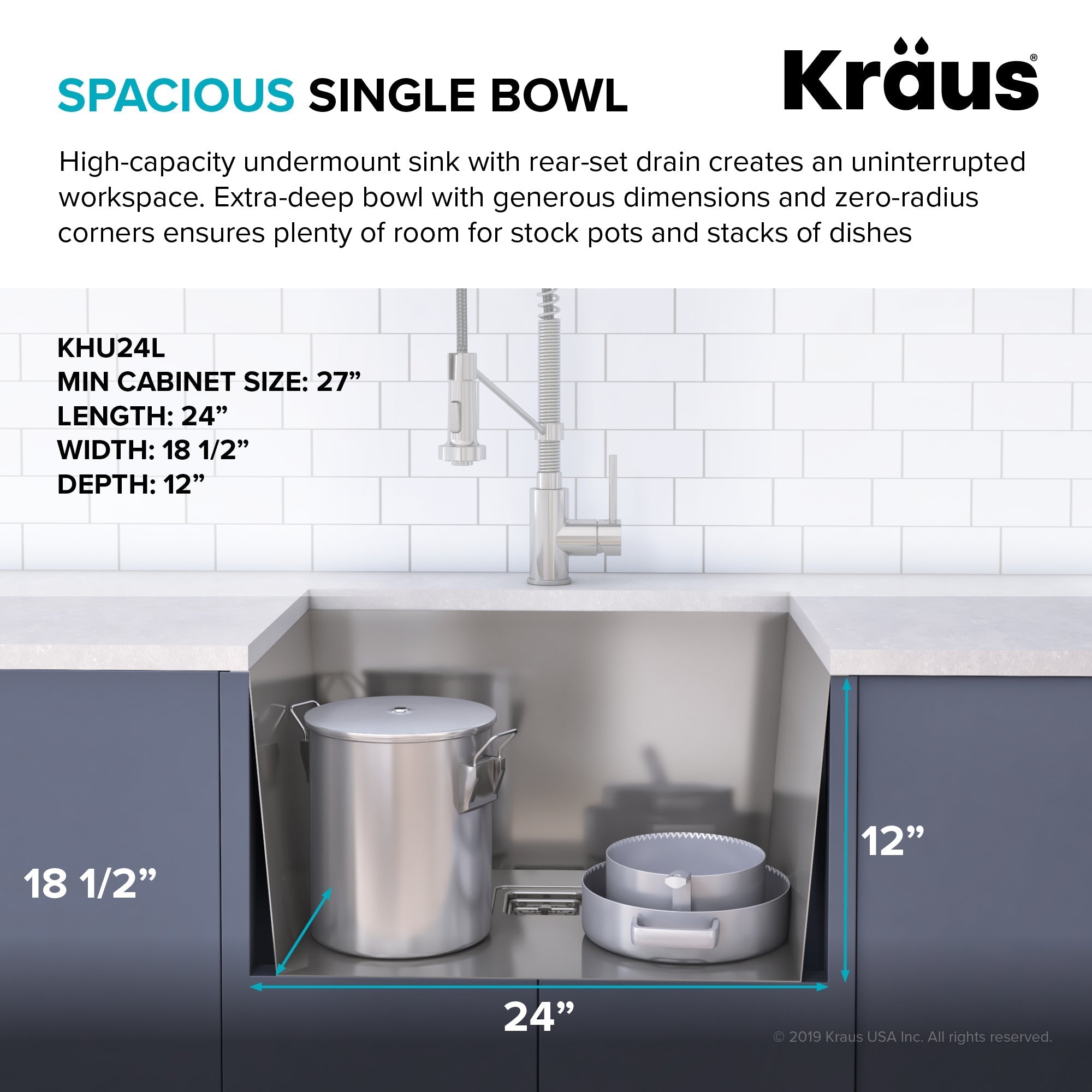 KRAUS Pax Zero-Radius 24" Undermount Single Bowl Stainless Steel Laundry Utility Sink-Kitchen Sinks-DirectSinks