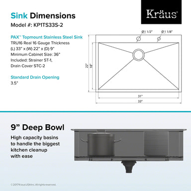 KRAUS Pax Zero-Radius 33" Handmade Topmount Single Bowl 16 Gauge Stainless Steel Drop-In Kitchen Sink with 2 Pre-Drilled Holes-Kitchen Sinks-DirectSinks