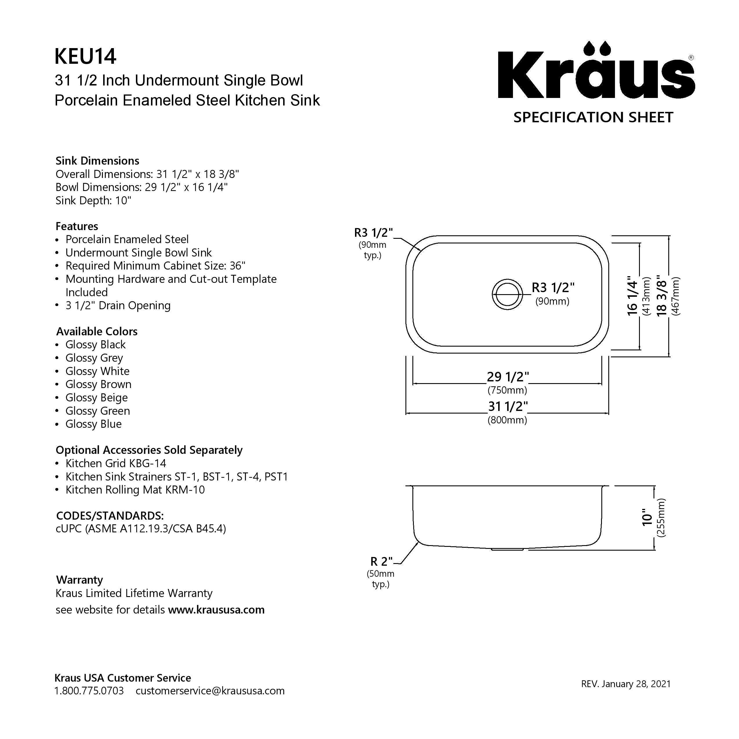 Kraus KEU-14WHITE Pintura 16 Gauge Undermount Single Bowl Enameled Stainless Steel Kitchen Sink, 31 2-inch, White - 3