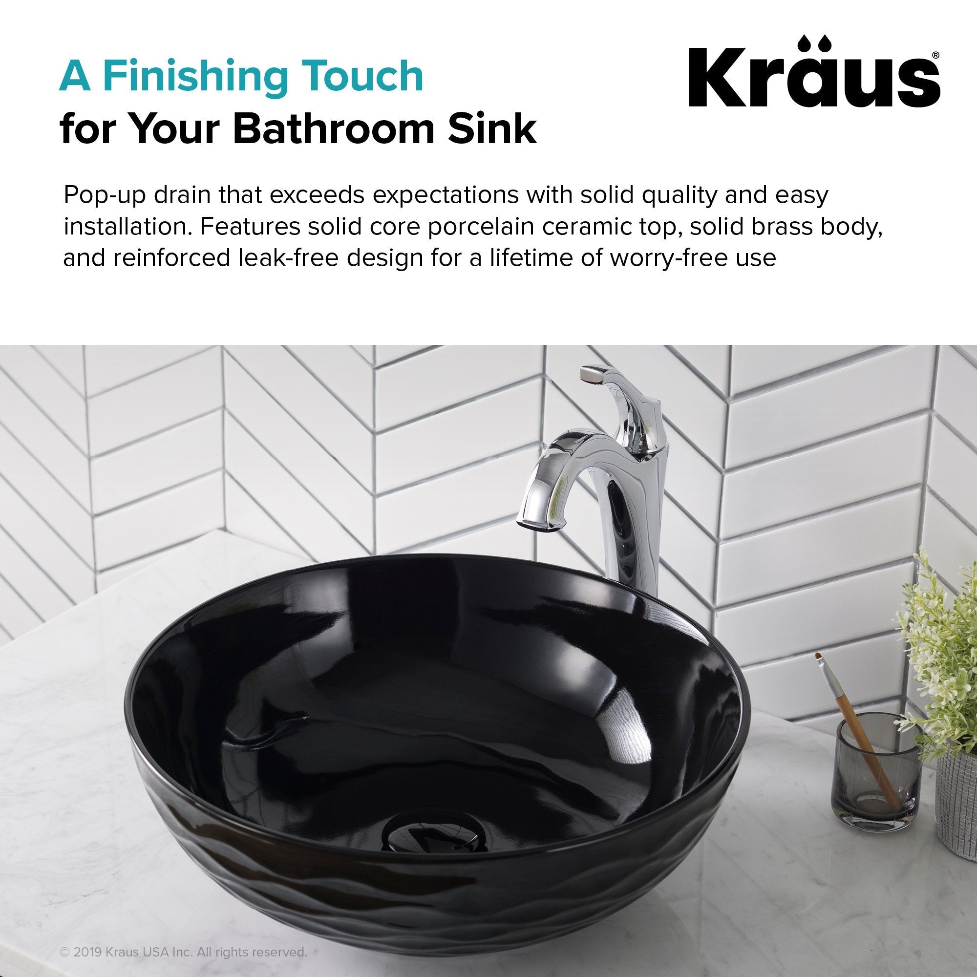 KRAUS Pop-Up Drain with Porcelain Ceramic Top for Bathroom Sink without Overflow, Gloss Black-Bathroom Accessories-KRAUS Fast Shipping