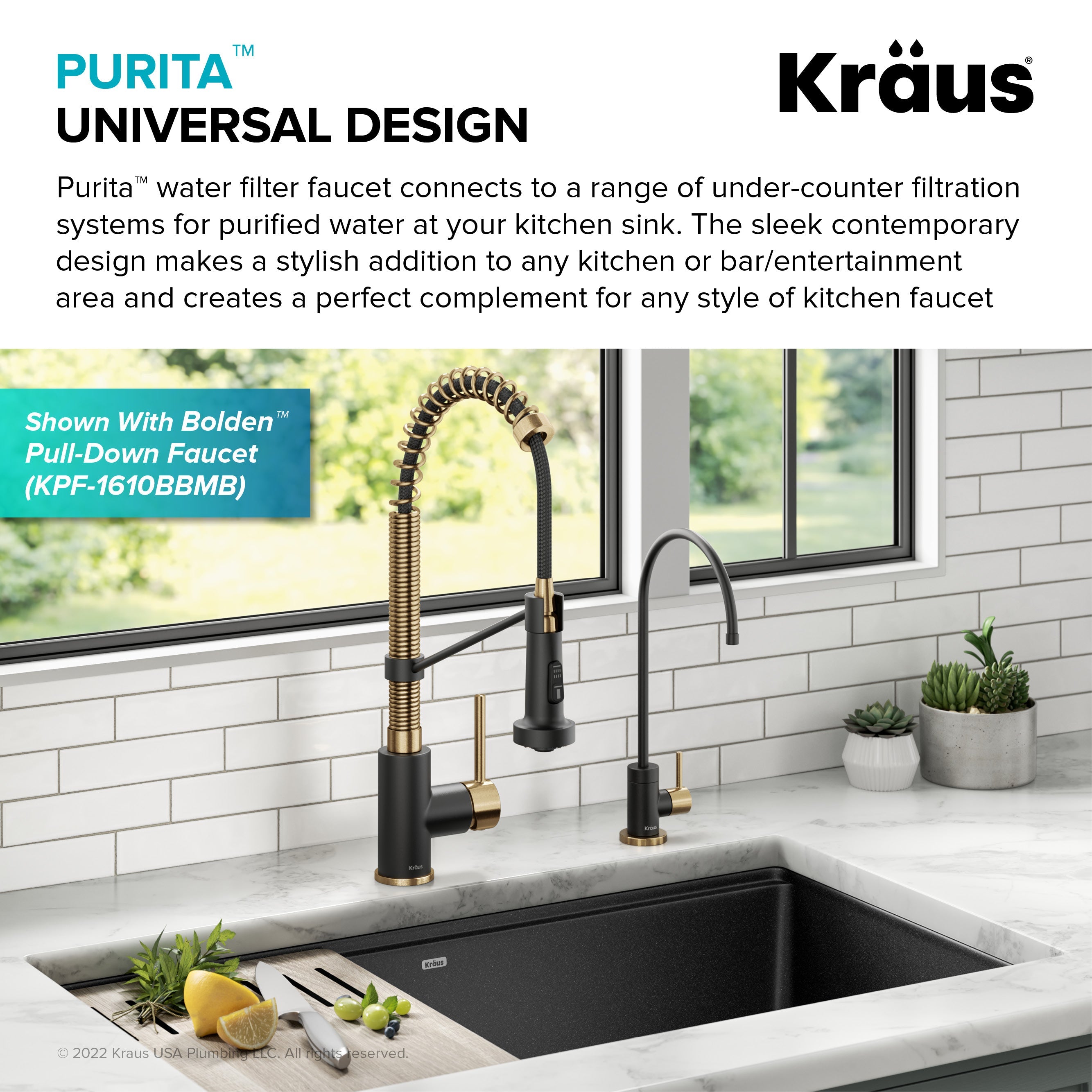 KRAUS Purita 100% Lead-Free Kitchen Water Filter Faucet in Black and Brushed Brass-Kitchen Faucets-DirectSinks