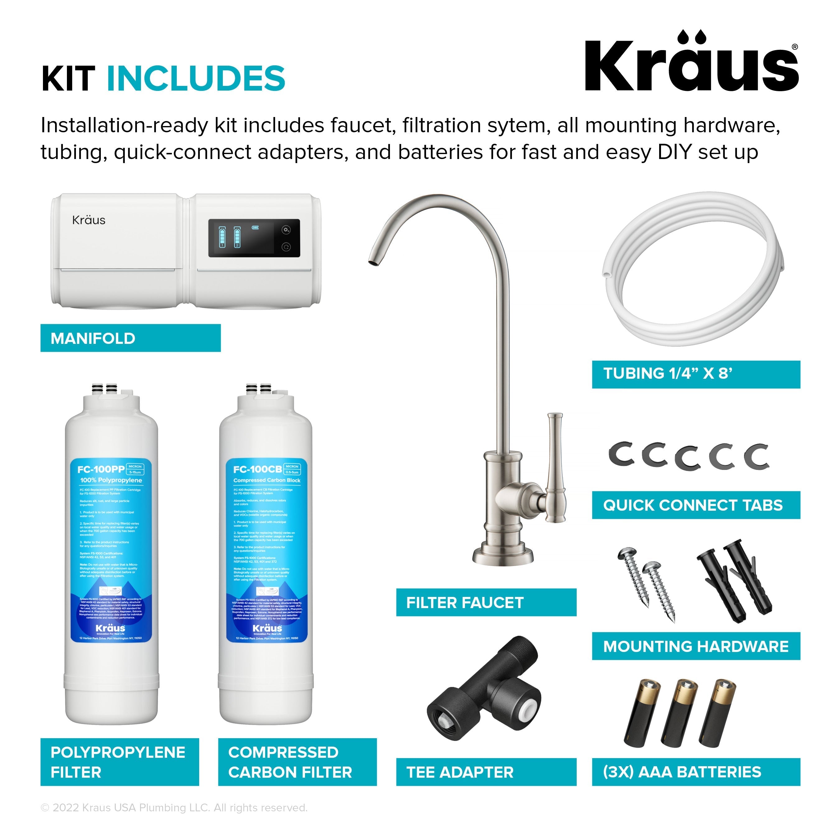 KRAUS Purita 2-Stage Under-Sink Filtration System with Allyn Single Handle Drinking Water Filter Faucet in Spot-Free Stainless Steel-FS-1000-FF-102SFS