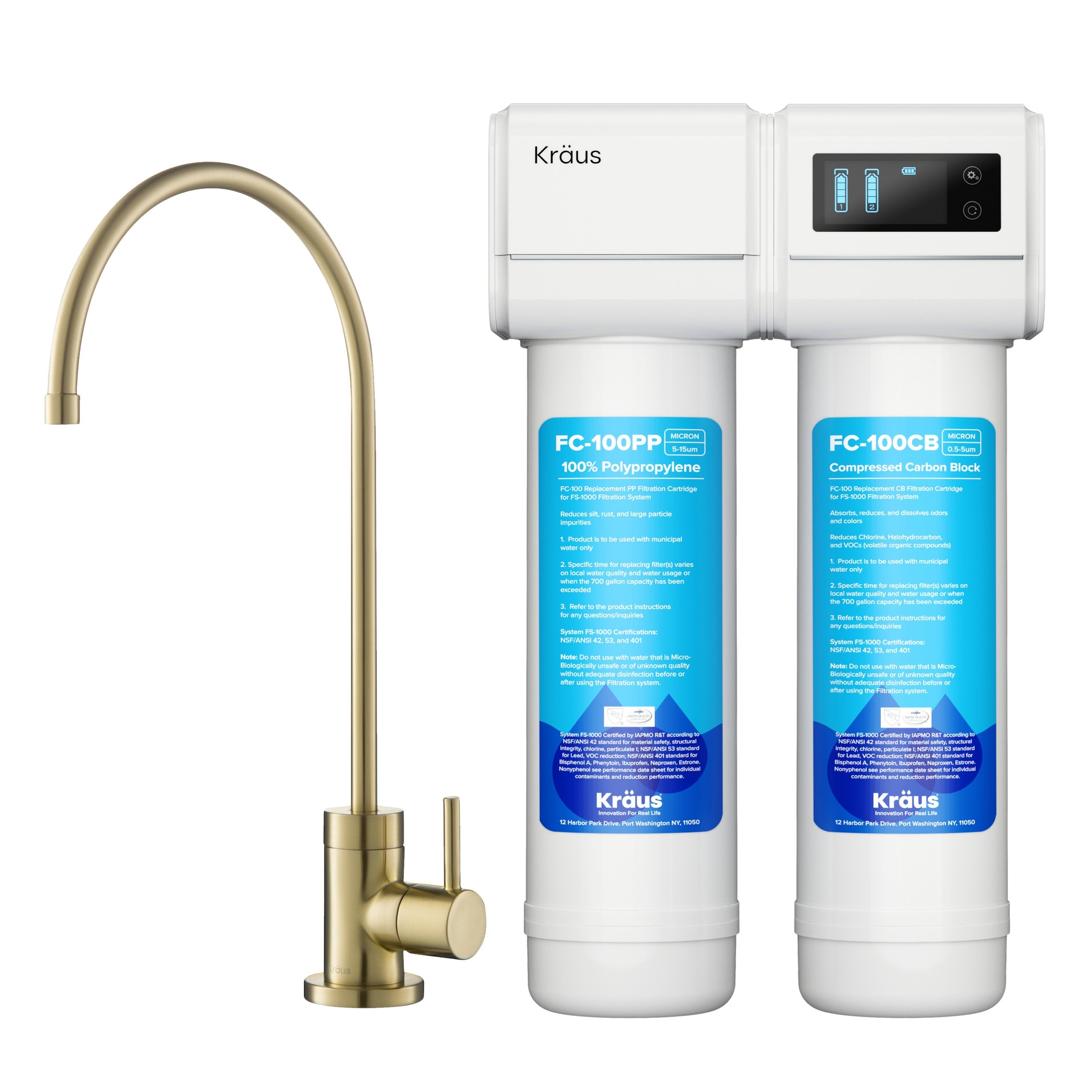 KRAUS Purita 2-Stage Under-Sink Filtration System with Single Handle Drinking Water Filter Faucet in Brushed Gold-FS-1000-FF-100BG
