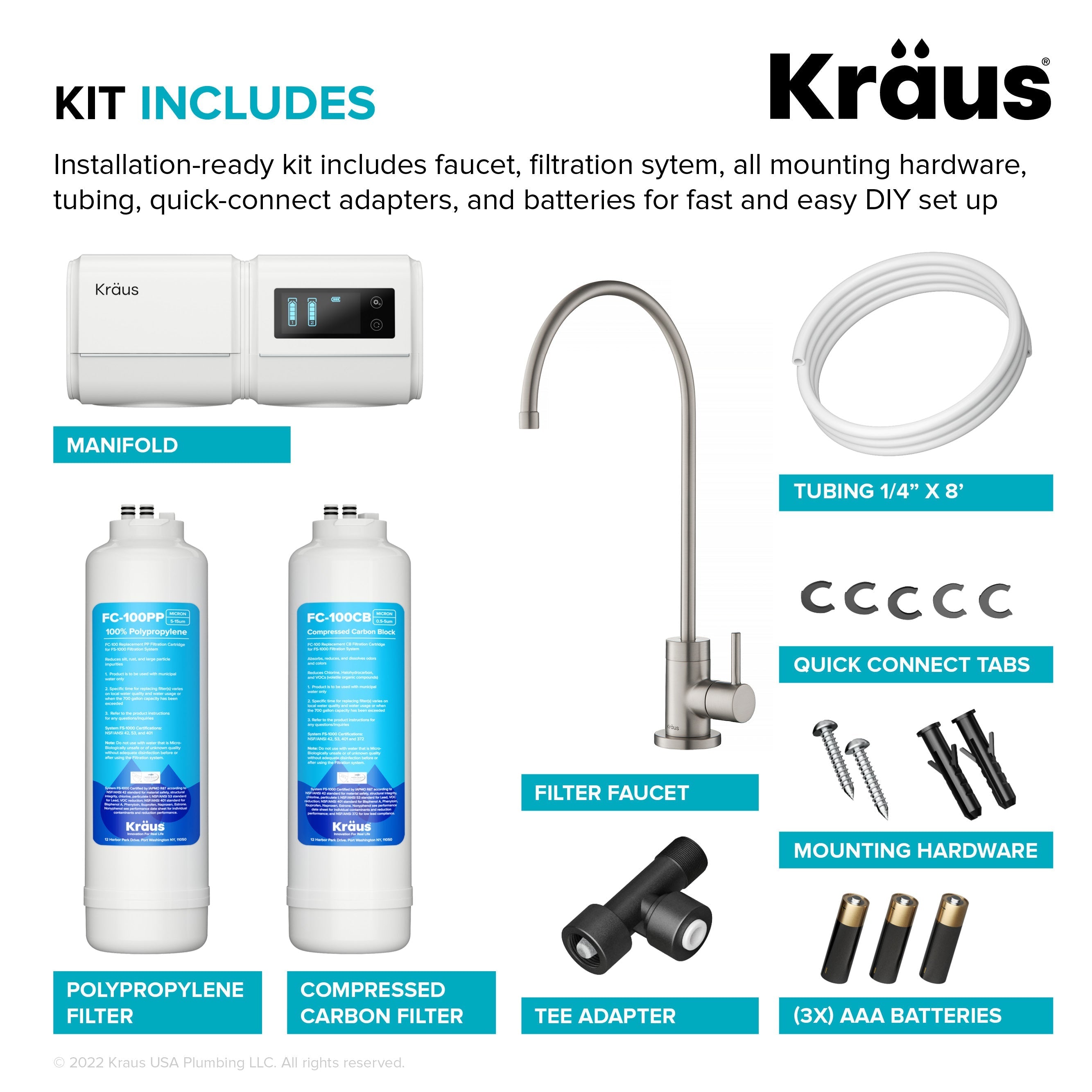 KRAUS Purita 2-Stage Under-Sink Filtration System with Single Handle Drinking Water Filter Faucet in Spot-Free Stainless Steel-FS-1000-FF-100SFS
