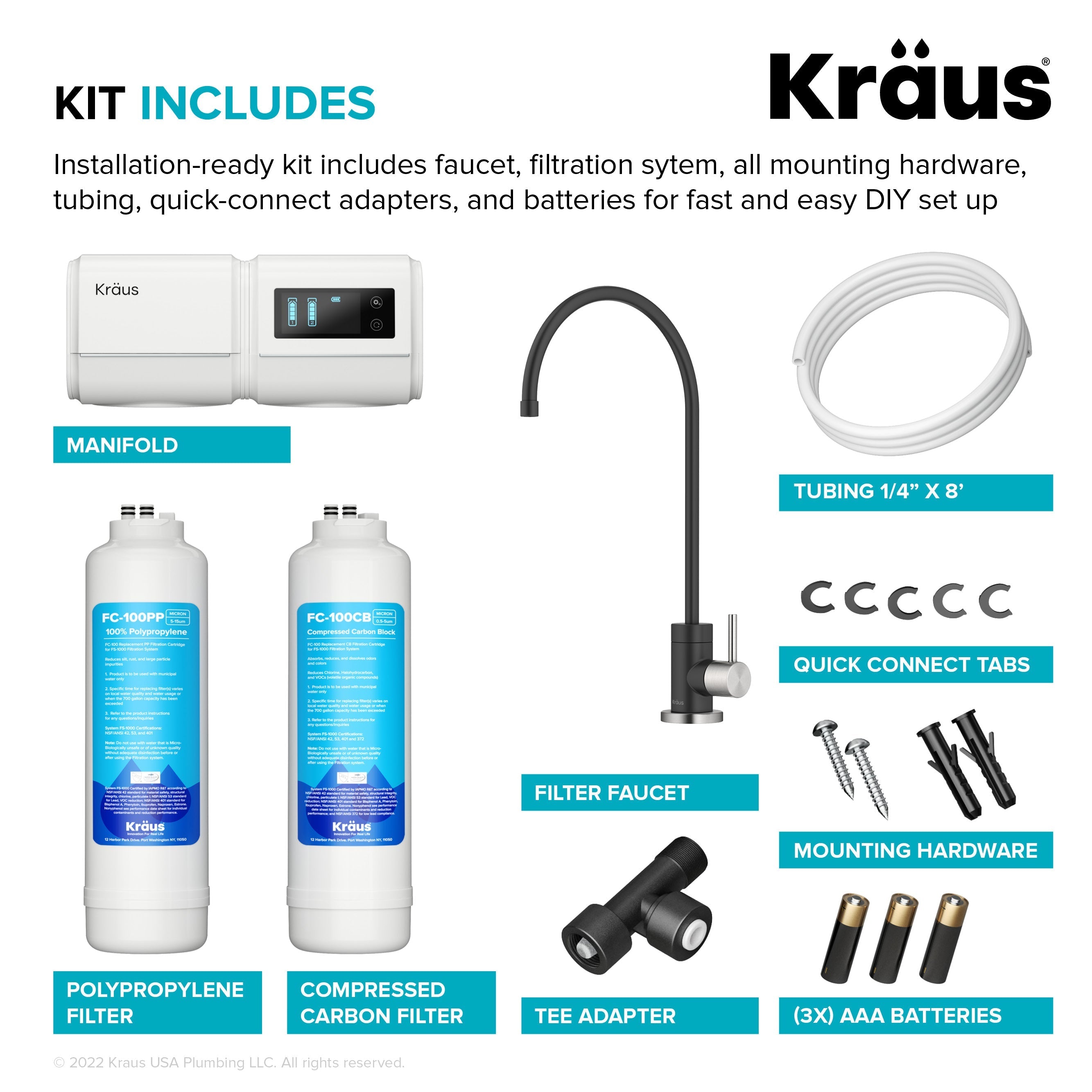 KRAUS Purita 2-Stage Under-Sink Filtration System with Single Handle Drinking Water Filter Faucet in Stainless and Matte Black-FS-1000-FF-100SFSMB