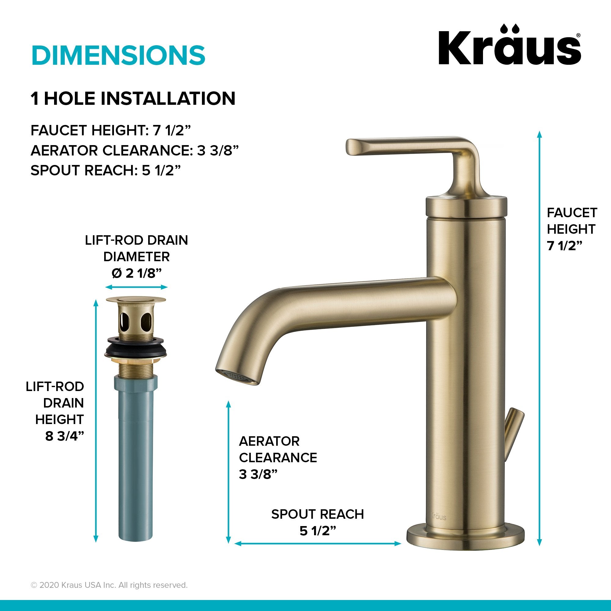KRAUS Ramus Single Handle 2-Pack Bathroom Sink Faucet with Lift Rod Drain in Brushed Gold KBF-1221BG-2PK | DirectSinks