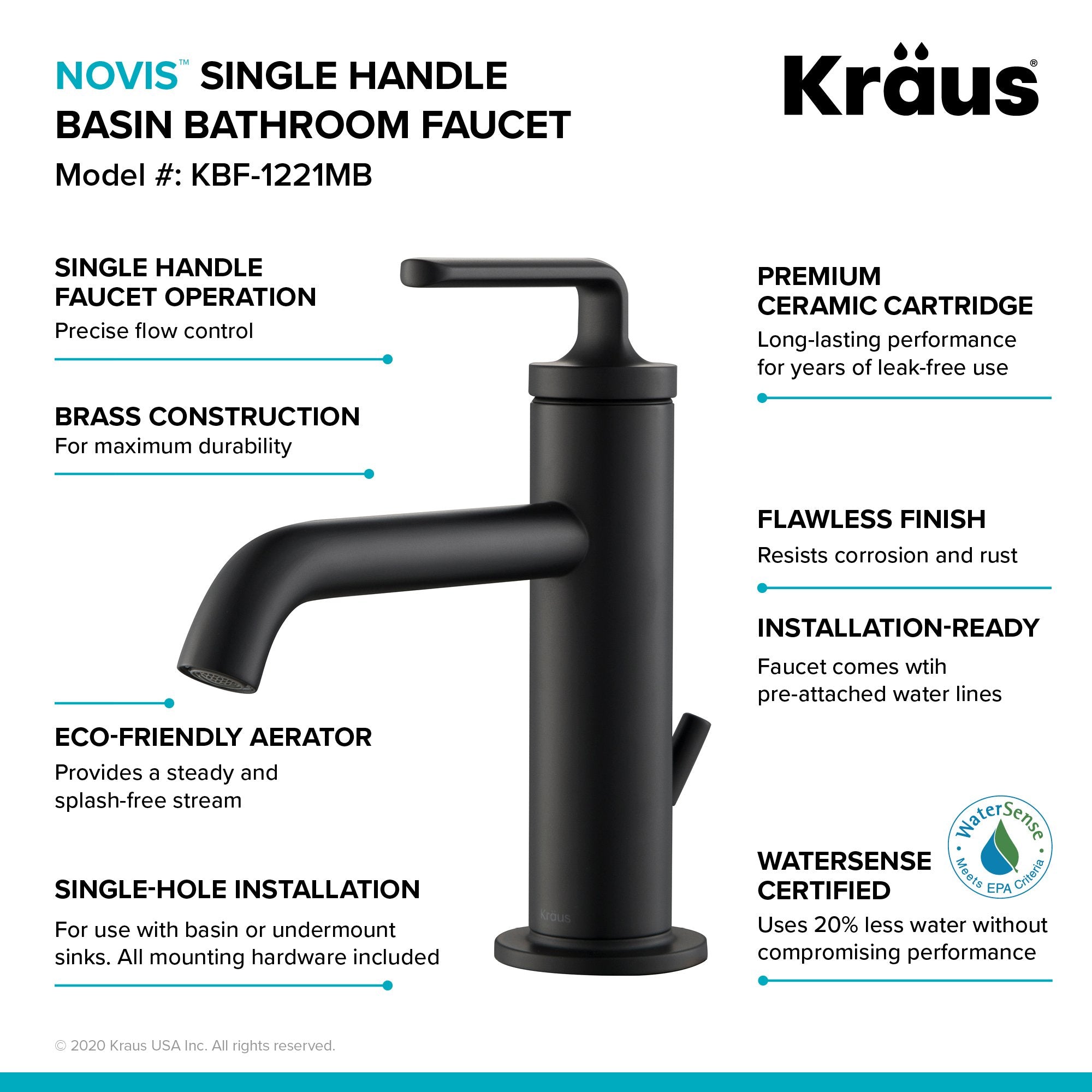 KRAUS Ramus Single Handle 2-Pack Bathroom Sink Faucet with Lift Rod Drain in Matte Black KBF-1221MB-2PK | DirectSinks