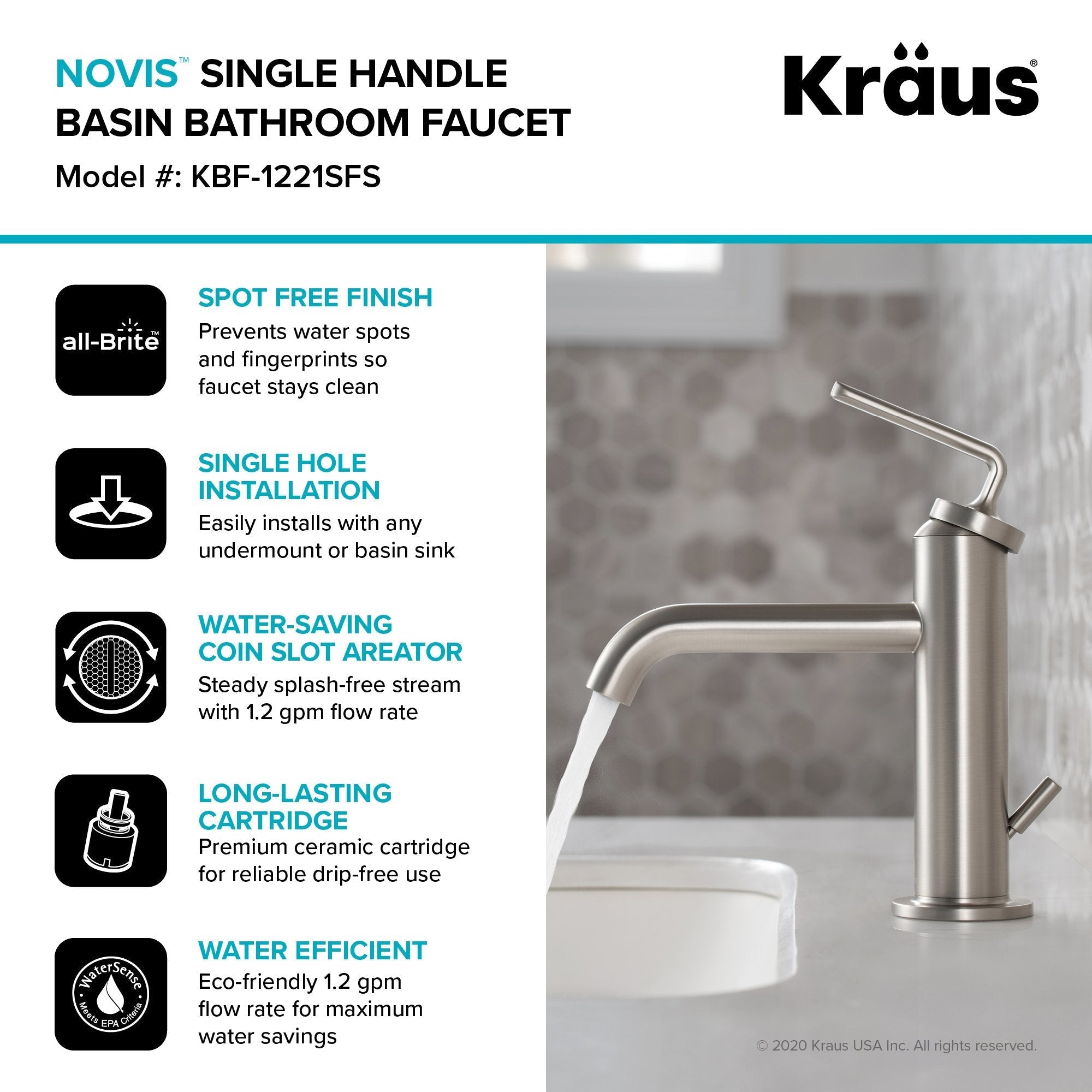 KRAUS Ramus Single Handle 2-Pack Bathroom Sink Faucet with Lift Rod Drain in Spot Free Stainless Steel KBF-1221SFS-2PK | DirectSinks