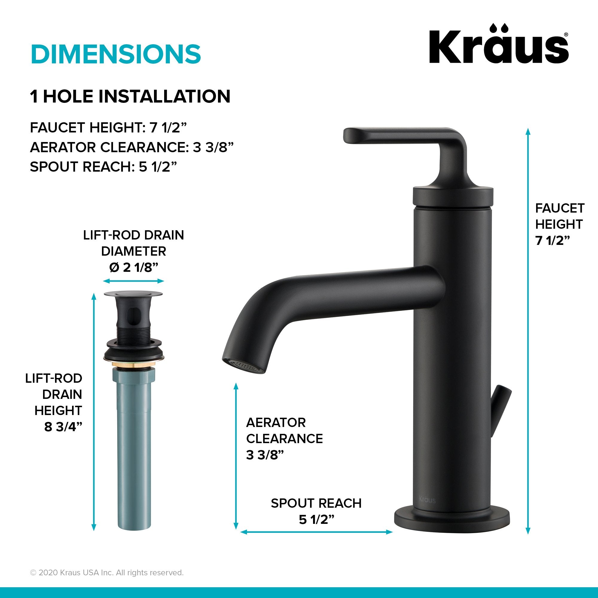 KRAUS Ramus Single Handle Bathroom Sink Faucet with Lift Rod Drain in Matte Black KBF-1221MB | DirectSinks