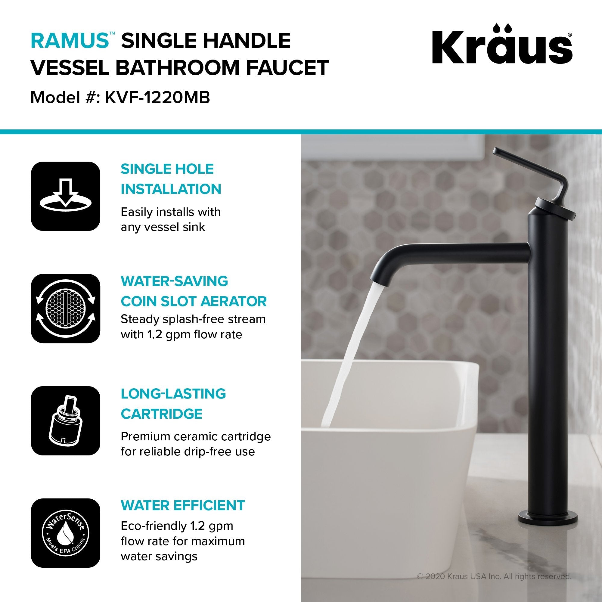 KRAUS Ramus Single Handle Vessel Bathroom Sink Faucet with Pop-Up Drain in Matte Black KVF-1220MB | DirectSinks