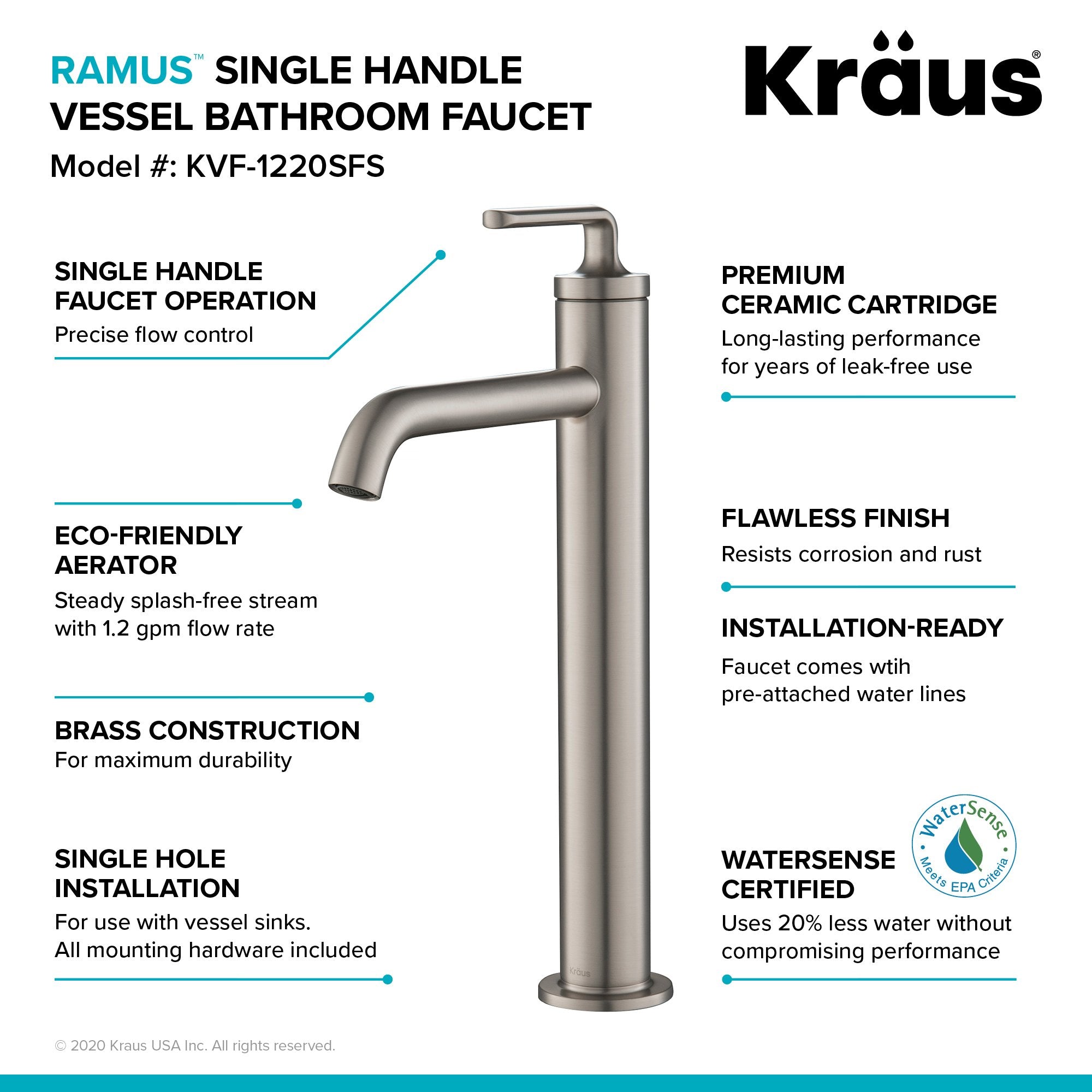 KRAUS Ramus Single Handle Vessel Bathroom Sink Faucet with Pop-Up Drain in Spot Free Stainless Steel KVF-1220SFS | DirectSinks