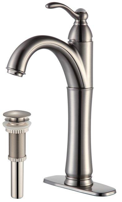 KRAUS Riviera Single Lever Vessel Bathroom Faucet with Matching Pop Up Drain in Satin Nickel FVS-1005-PU-10SN | DirectSinks