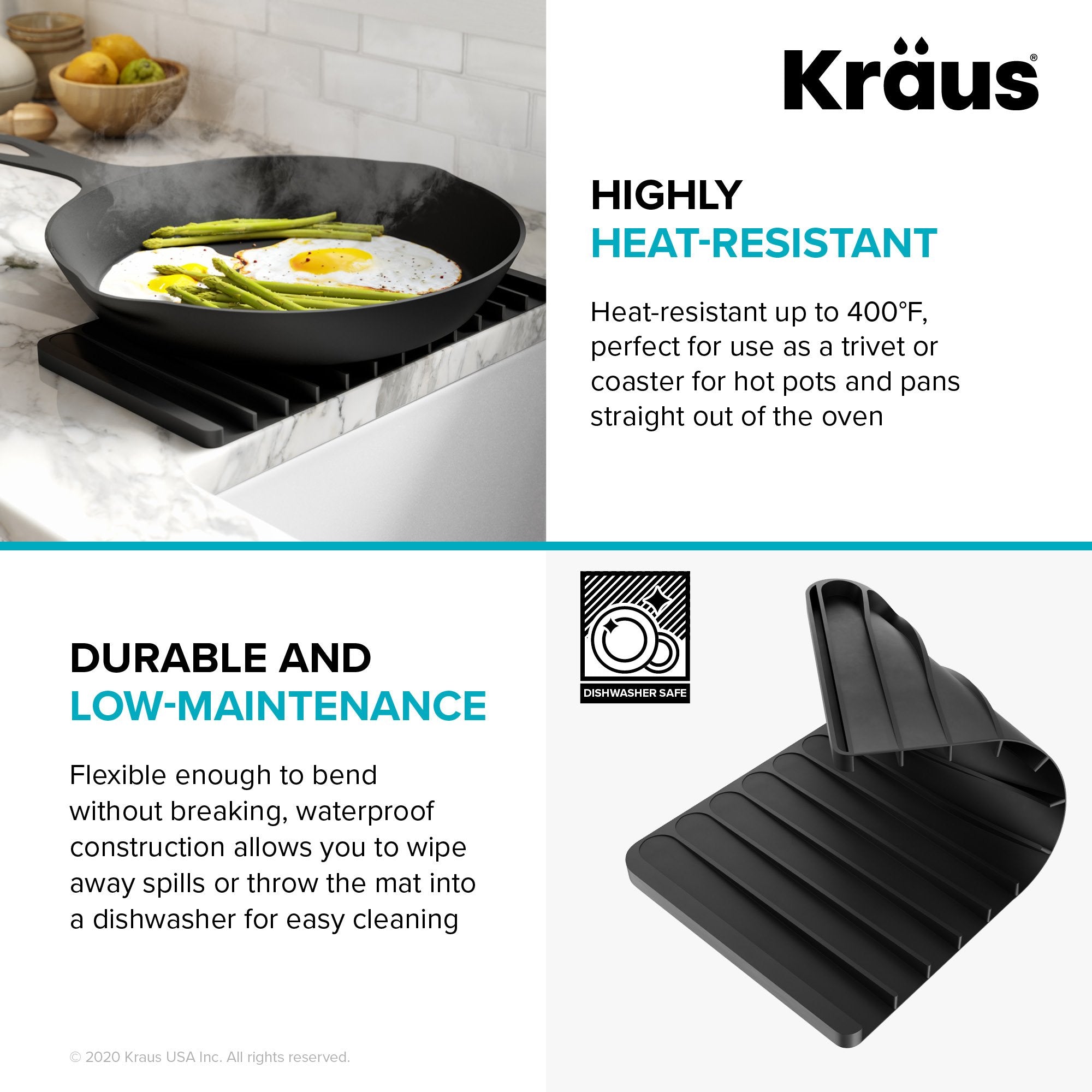 Kraus KDM-10LG Self-Draining Silicone Dish Drying Mat or Trivet for Kitchen Counter in Light Grey
