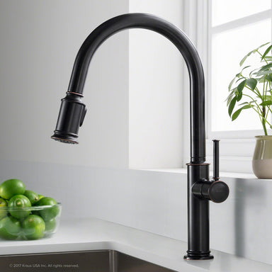 KRAUS Sellette Single Handle Pull Down Kitchen Faucet with Deck Plate and Soap Dispenser in Oil Rubbed Bronze KPF-1680ORB-KSD-80ORB | DirectSinks