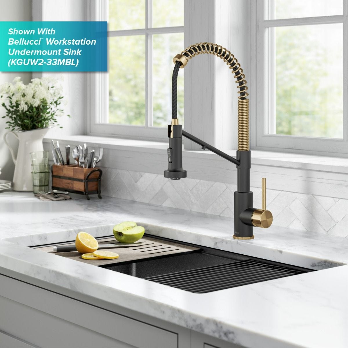 KRAUS Single Handle Kitchen Faucet with Integrated Dispenser for Water Filtration in Brushed Brass & Matte Black-Kitchen Faucets-DirectSinks