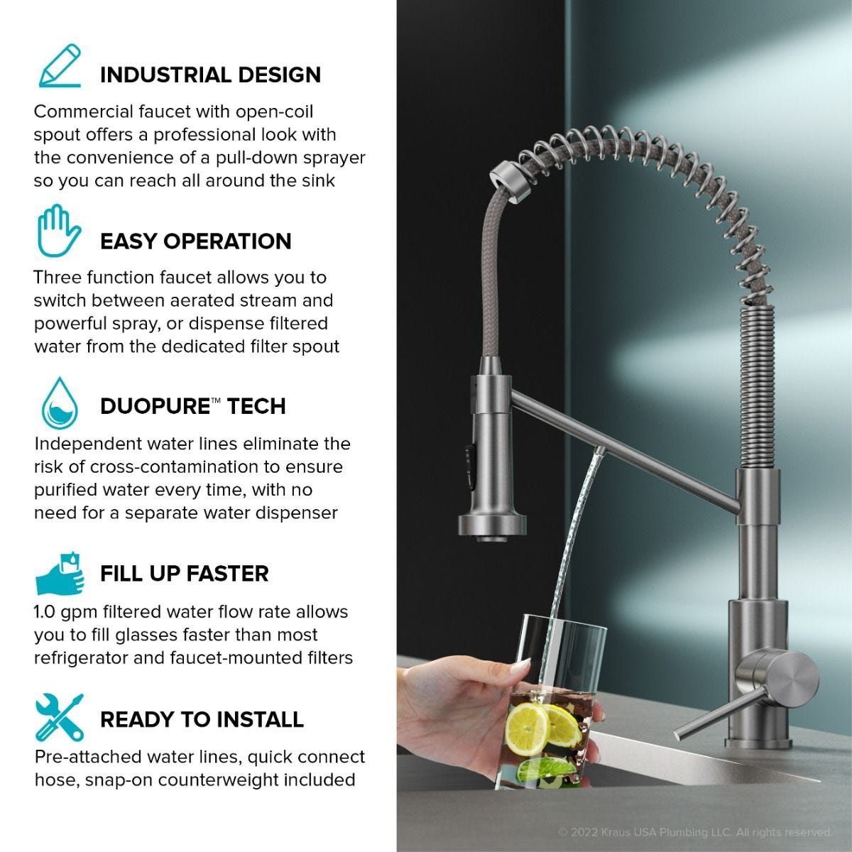 KRAUS Single Handle Kitchen Faucet with Integrated Dispenser for Water Filtration in Spot-Free Stainless Steel & Matte Black-Kitchen Faucets-DirectSinks