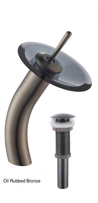 KRAUS Single Lever Vessel Glass Waterfall Bathroom Faucet and Matching Pop Up Drain in Oil Rubbed Bronze and Black Clear KGW-1700-PU-10ORB-BLCL | DirectSinks