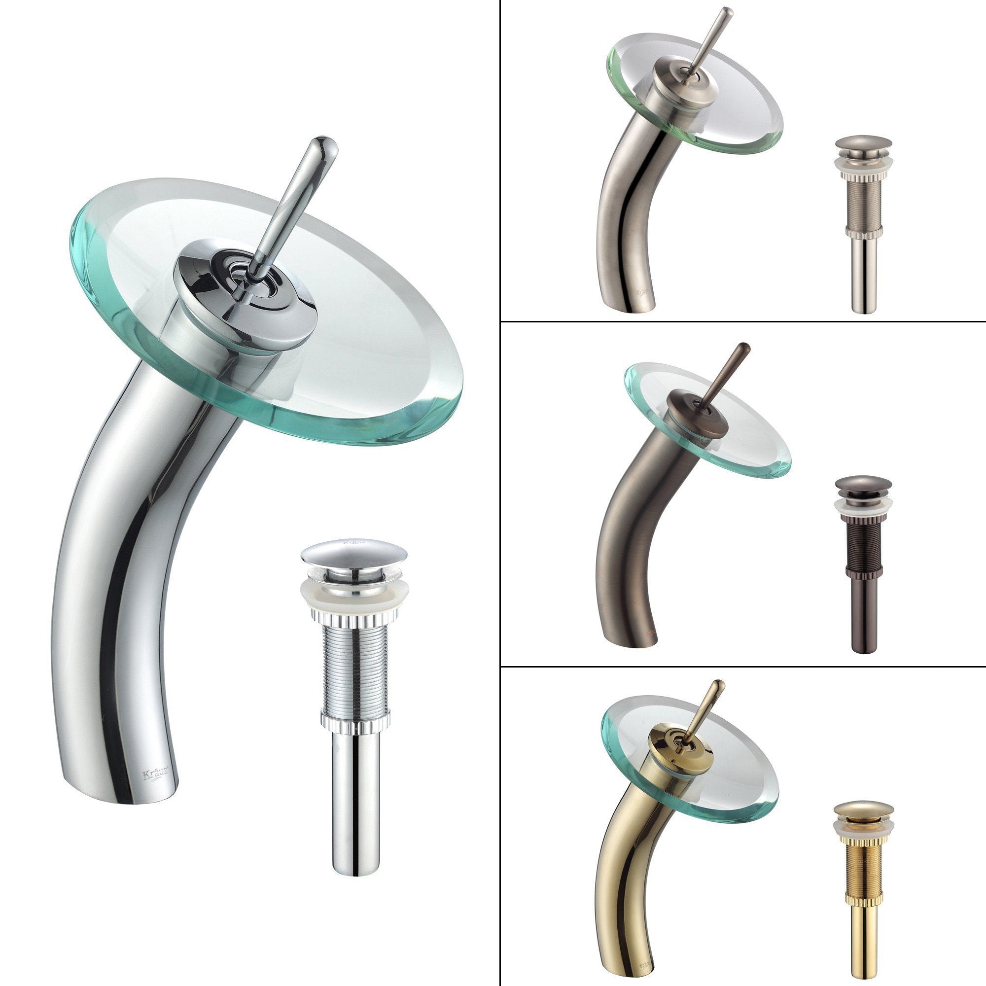 KRAUS Single Lever Vessel Glass Waterfall Bathroom Faucet and Matching Pop Up Drain in Oil Rubbed Bronze and Clear KGW-1700-PU-10ORB-CL | DirectSinks