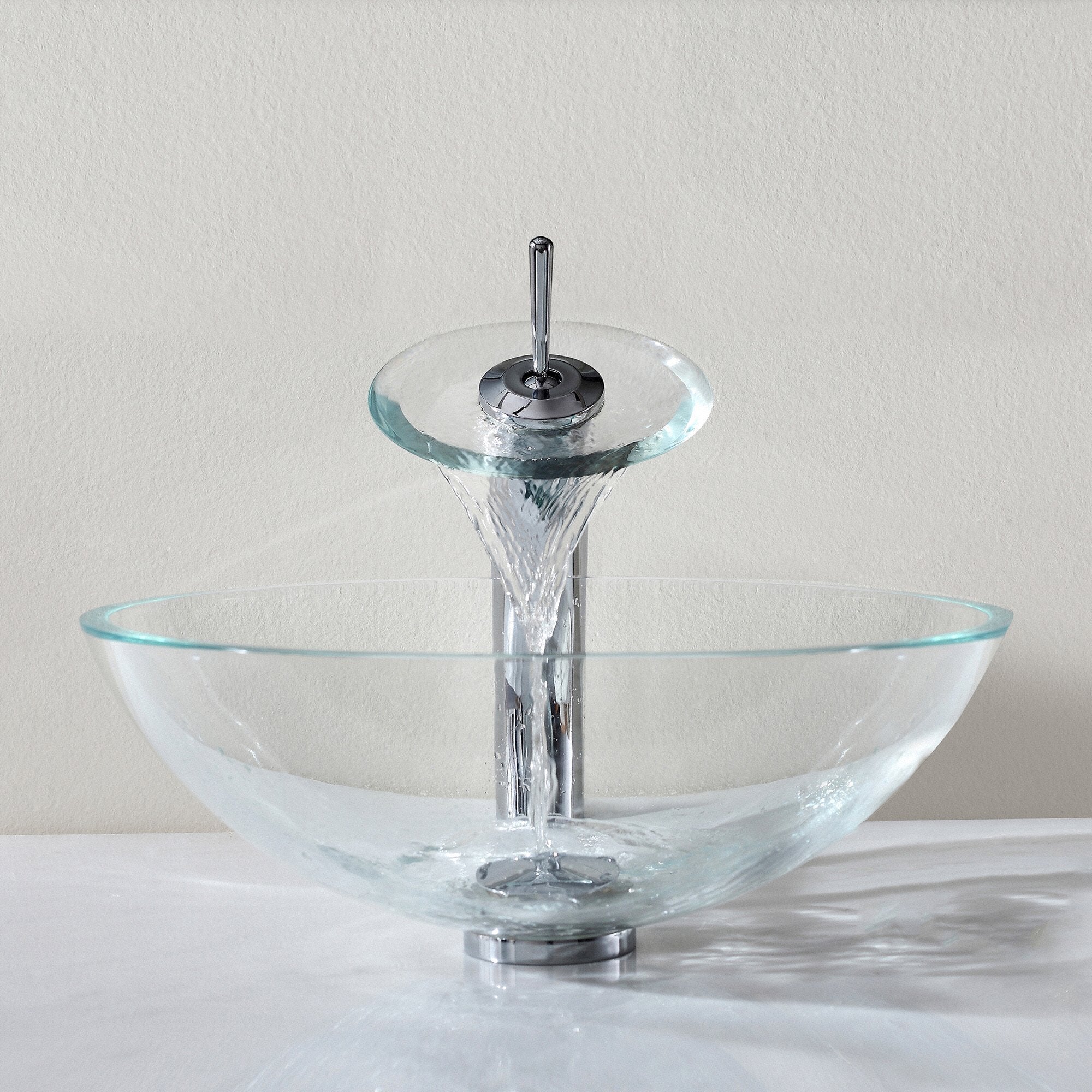 KRAUS Single Lever Waterfall Vessel Faucet with Glass Disk in Chrome and Clear KGW-1700CH-CL | DirectSinks