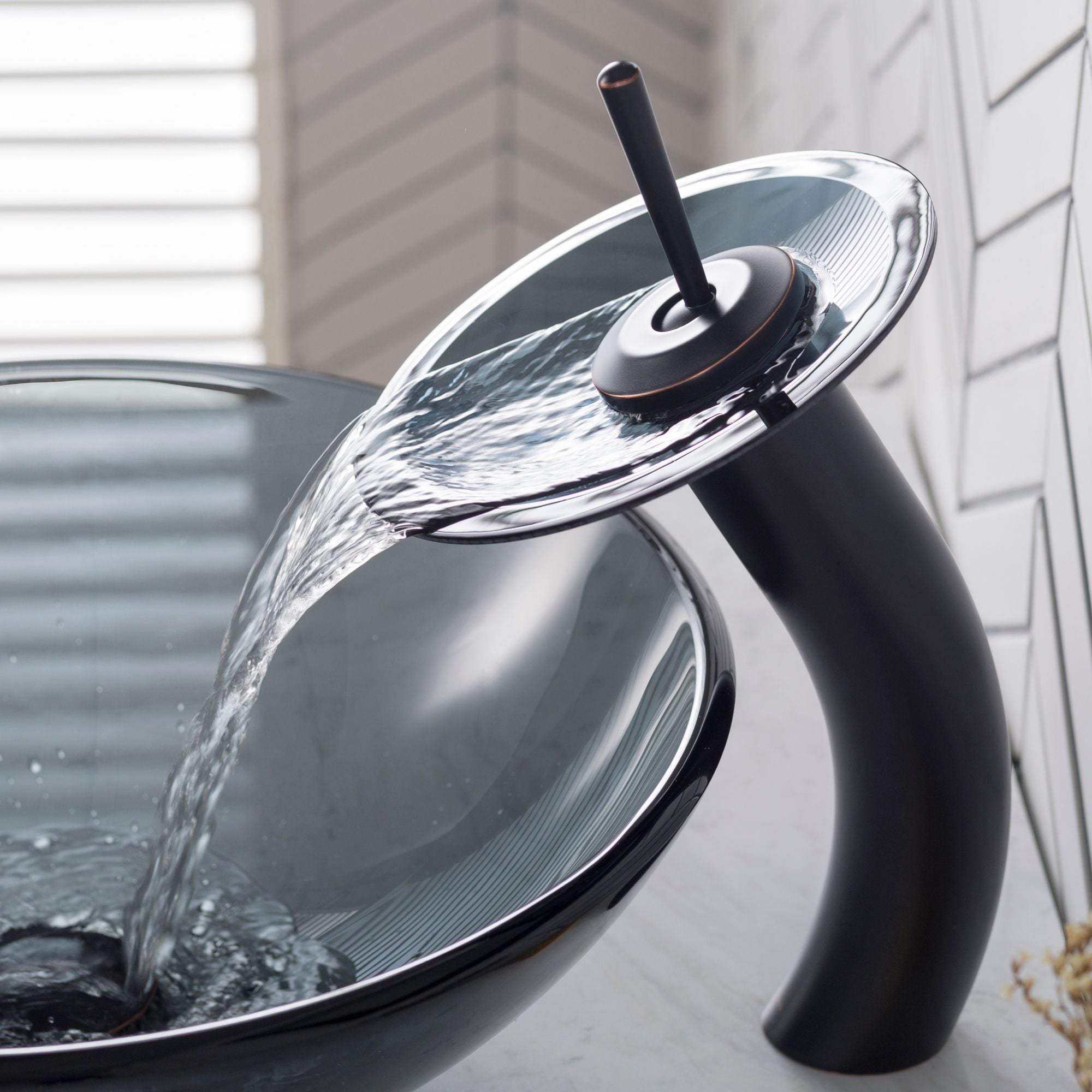 KRAUS Single Lever Waterfall Vessel Faucet with Glass Disk in Oil Rubbed Bronze and Black Frosted KGW-1700ORB-BLFR | DirectSinks