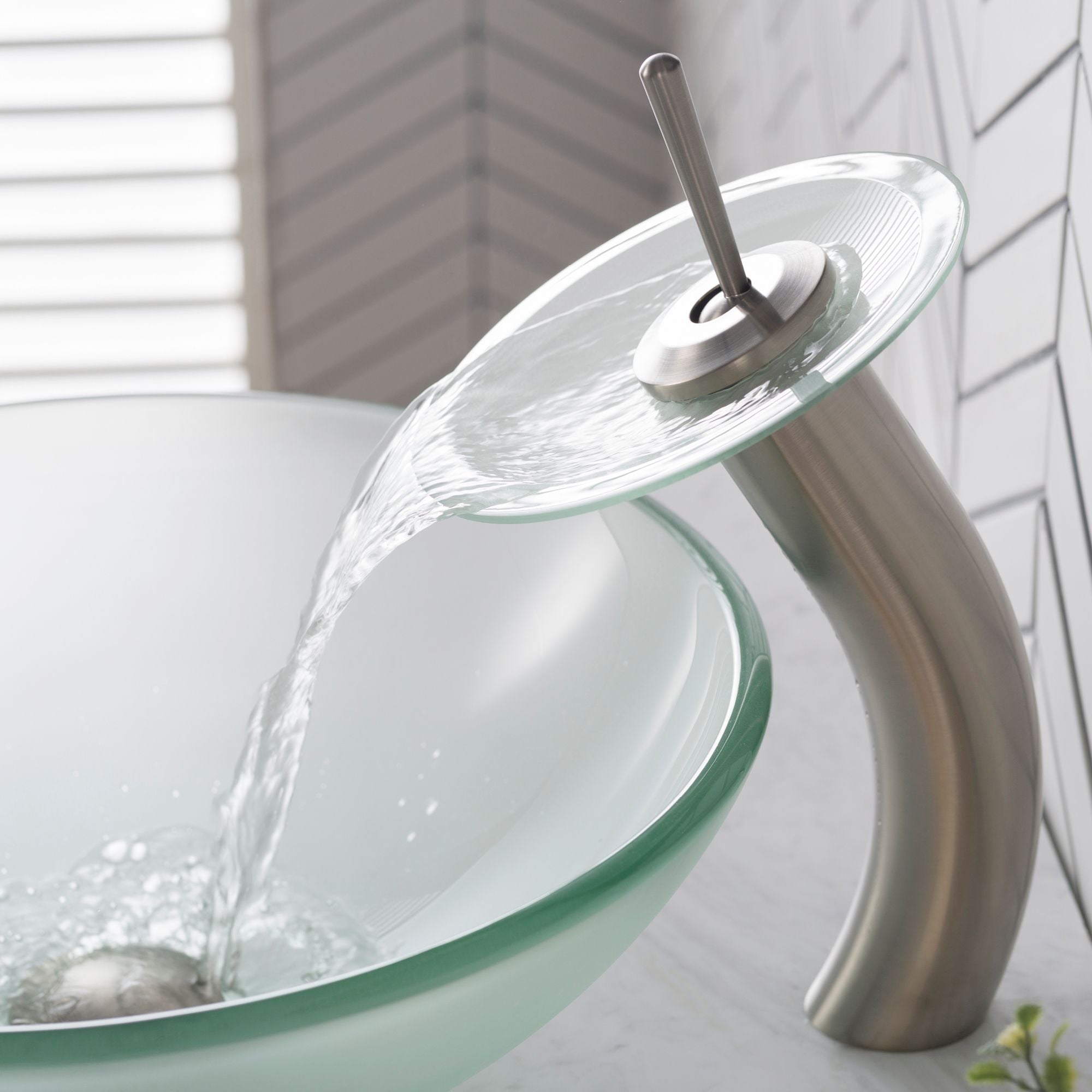 KRAUS Single Lever Waterfall Vessel Faucet with Glass Disk in Satin Nickel and Frosted KGW-1700SN-FR | DirectSinks
