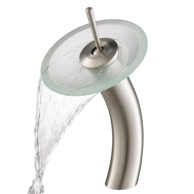 KRAUS Single Lever Waterfall Vessel Faucet with Glass Disk in Satin Nickel and Frosted KGW-1700SN-FR | DirectSinks