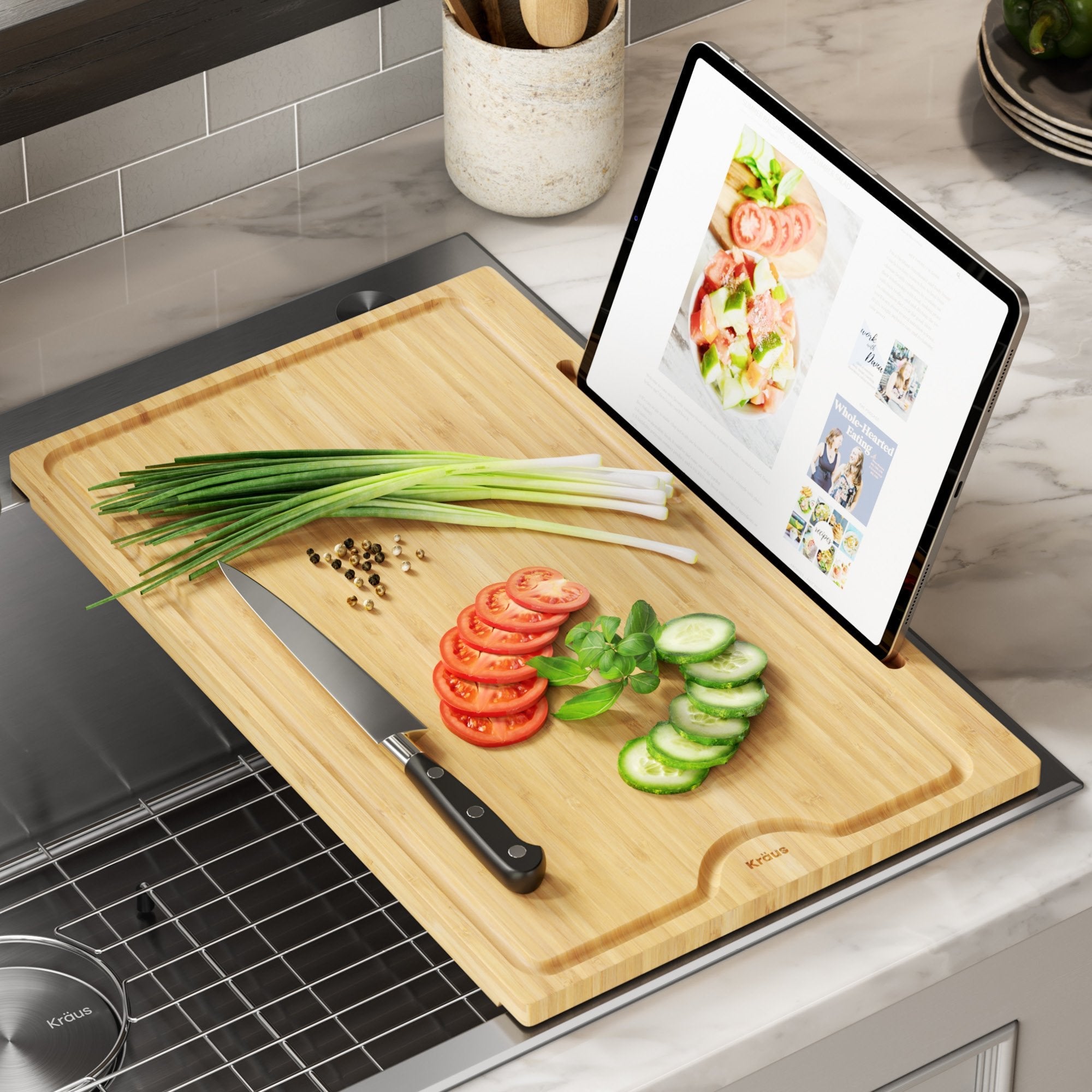Bamboo Cutting Board with Mobile Device Holder for most Standard