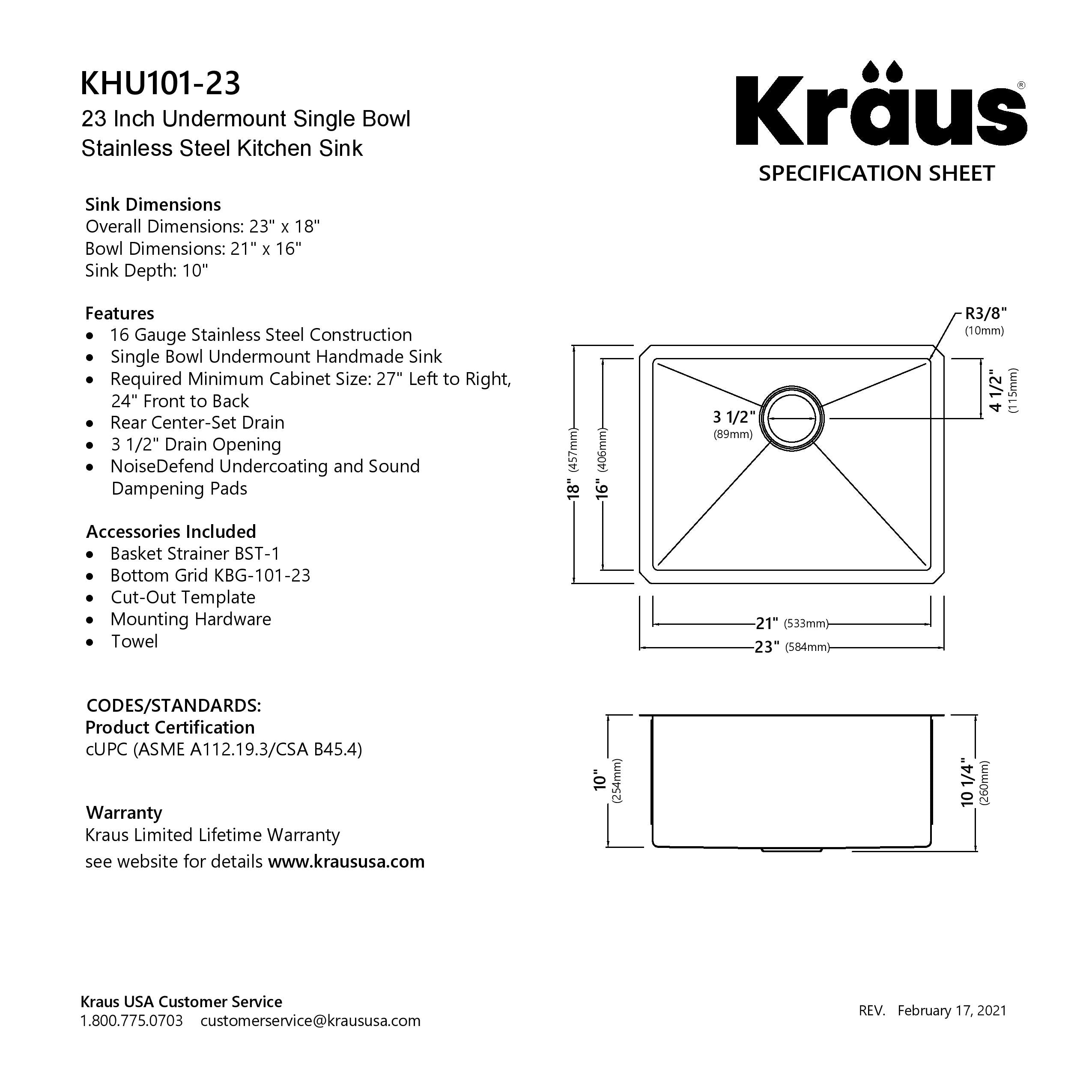 KRAUS Standart PRO 23" 16 Gauge Rectangle Undermount Single Bowl Stainless Steel Kitchen Sink-Kitchen Sinks-DirectSinks