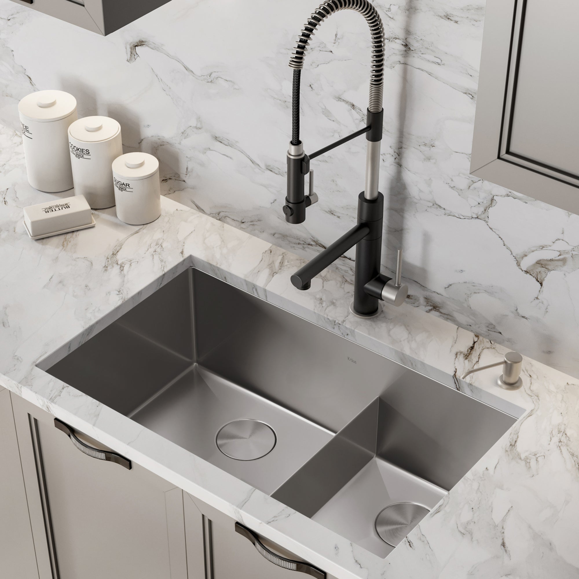 KRAUS Standart PRO 32" 16 Gauge Undermount 60/40 Low Divider Double Bowl Stainless Steel Kitchen Sink-Kitchen Sinks-DirectSinks