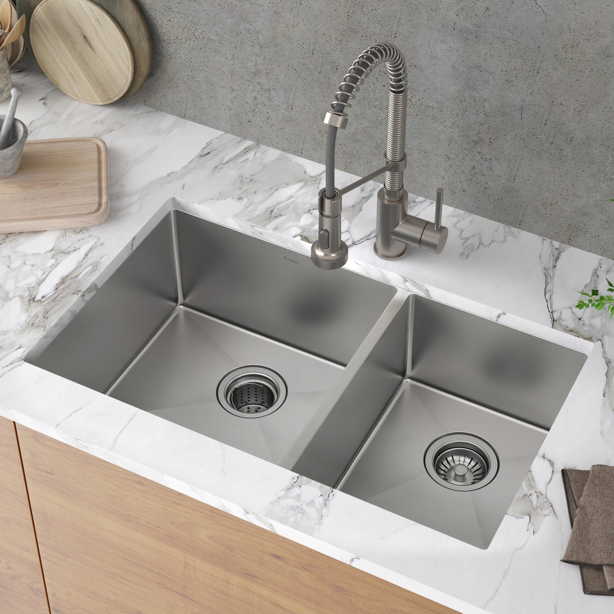 KRAUS Standart PRO 33" Undermount 60/40 Double Bowl Stainless Steel Kitchen Sink-Kitchen Sinks-DirectSinks